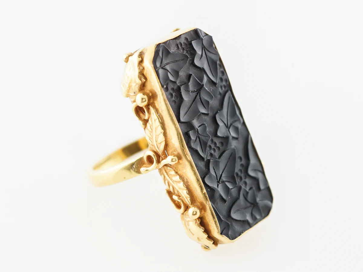 Arts & Crafts Carved Jet Ring 14k Yellow Gold - Image 3