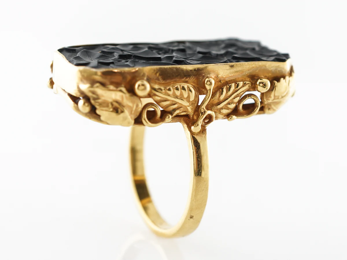 Arts & Crafts Carved Jet Ring 14k Yellow Gold - Image 4