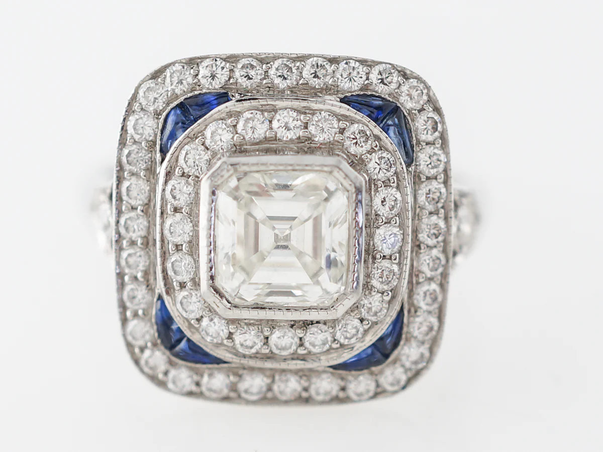 Asscher Cut Diamond Engagement Ring w/ Sapphire Accents