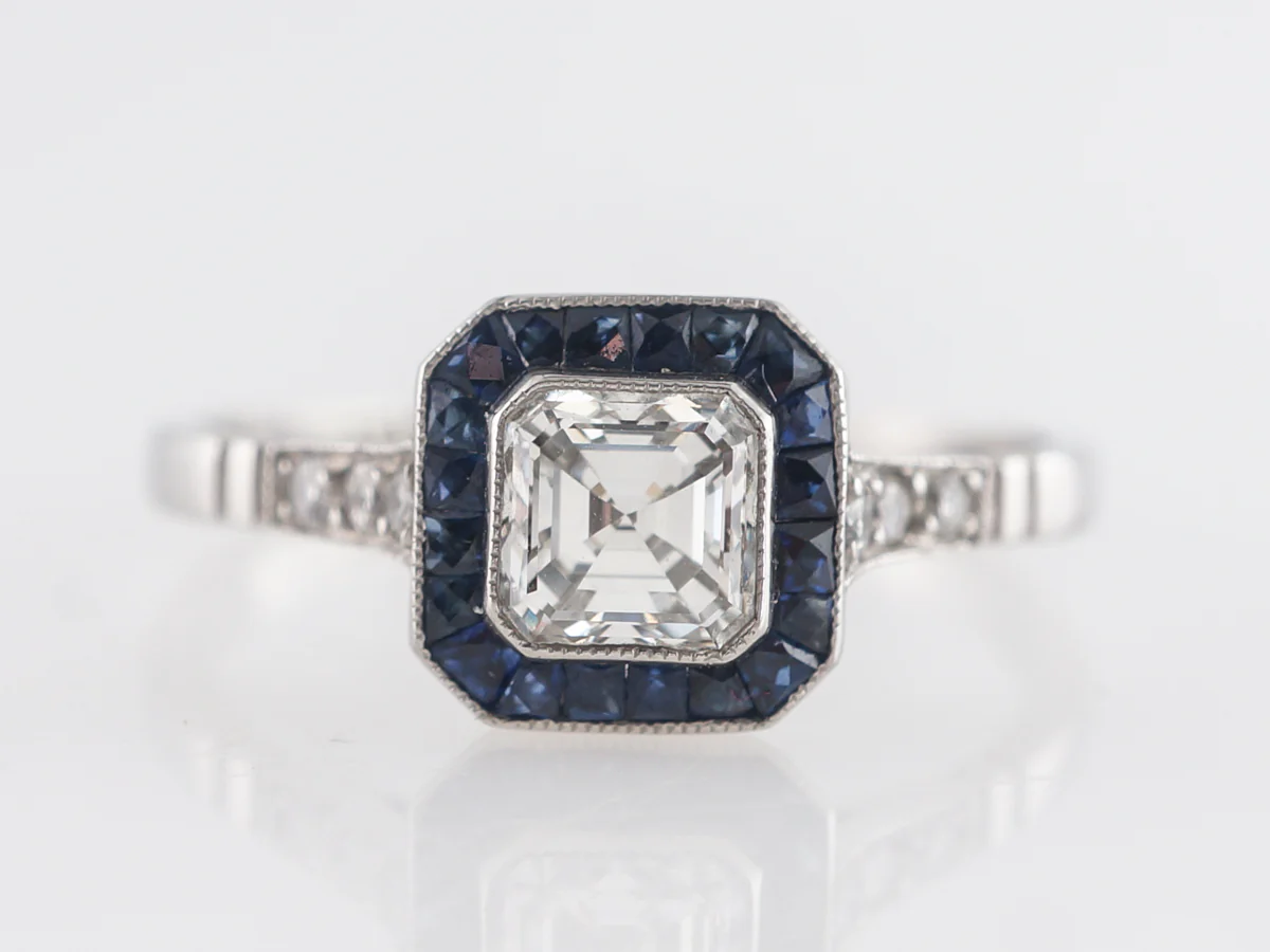 Asscher Cut Diamond & Sapphire Engagement in Platinum