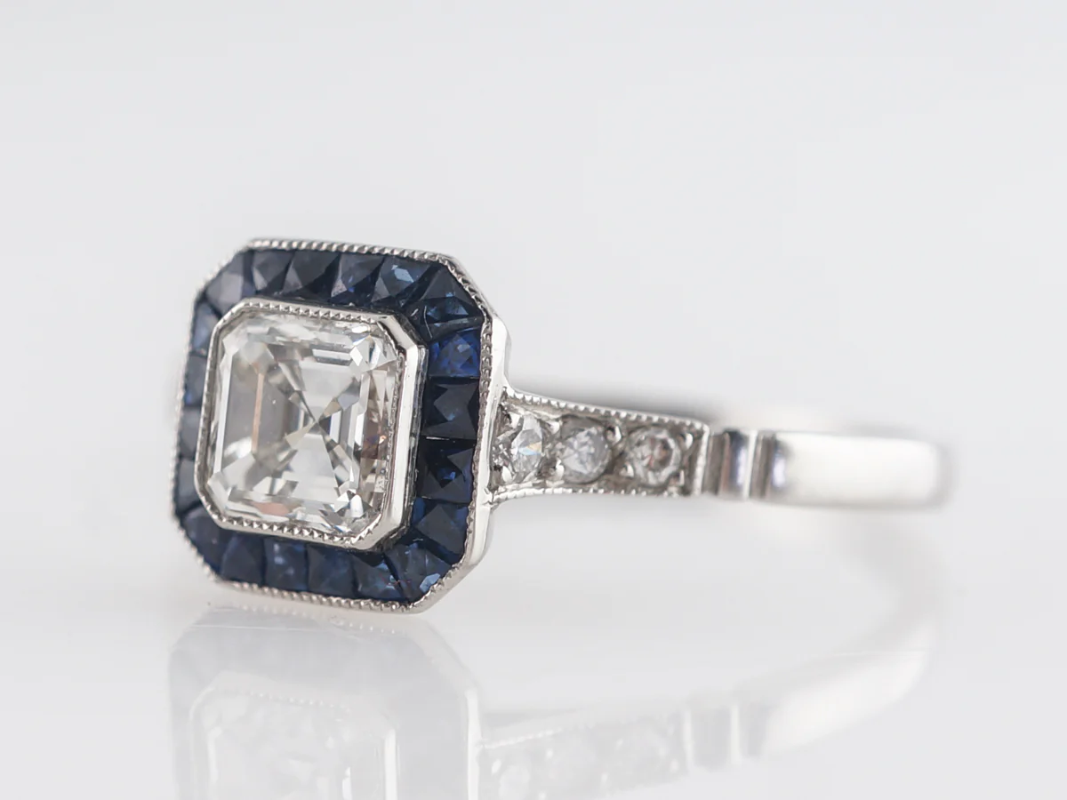 Asscher Cut Diamond & Sapphire Engagement in Platinum - Image 2