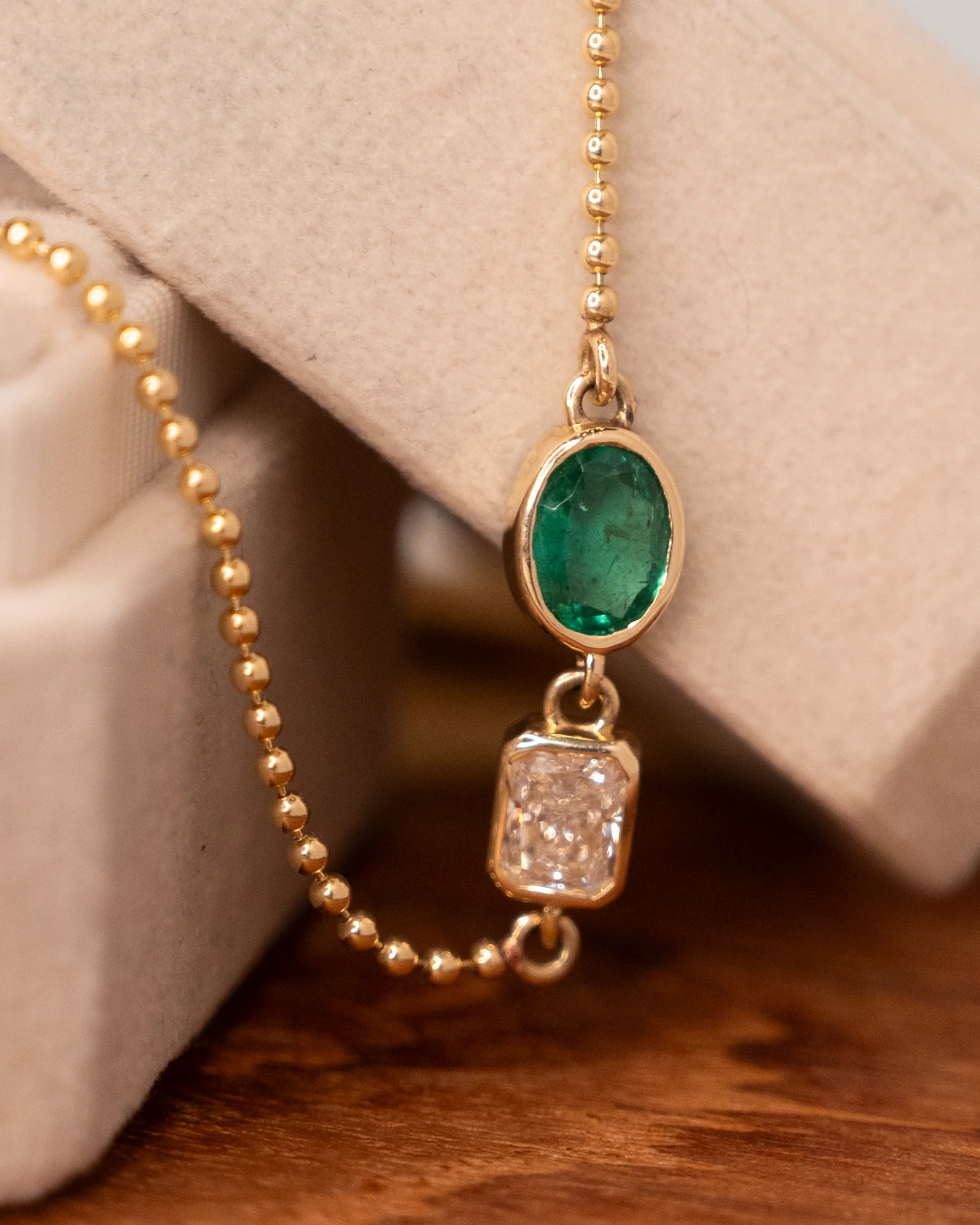 Asymmetrical Emerald & Diamond Necklace 14k - Image 4