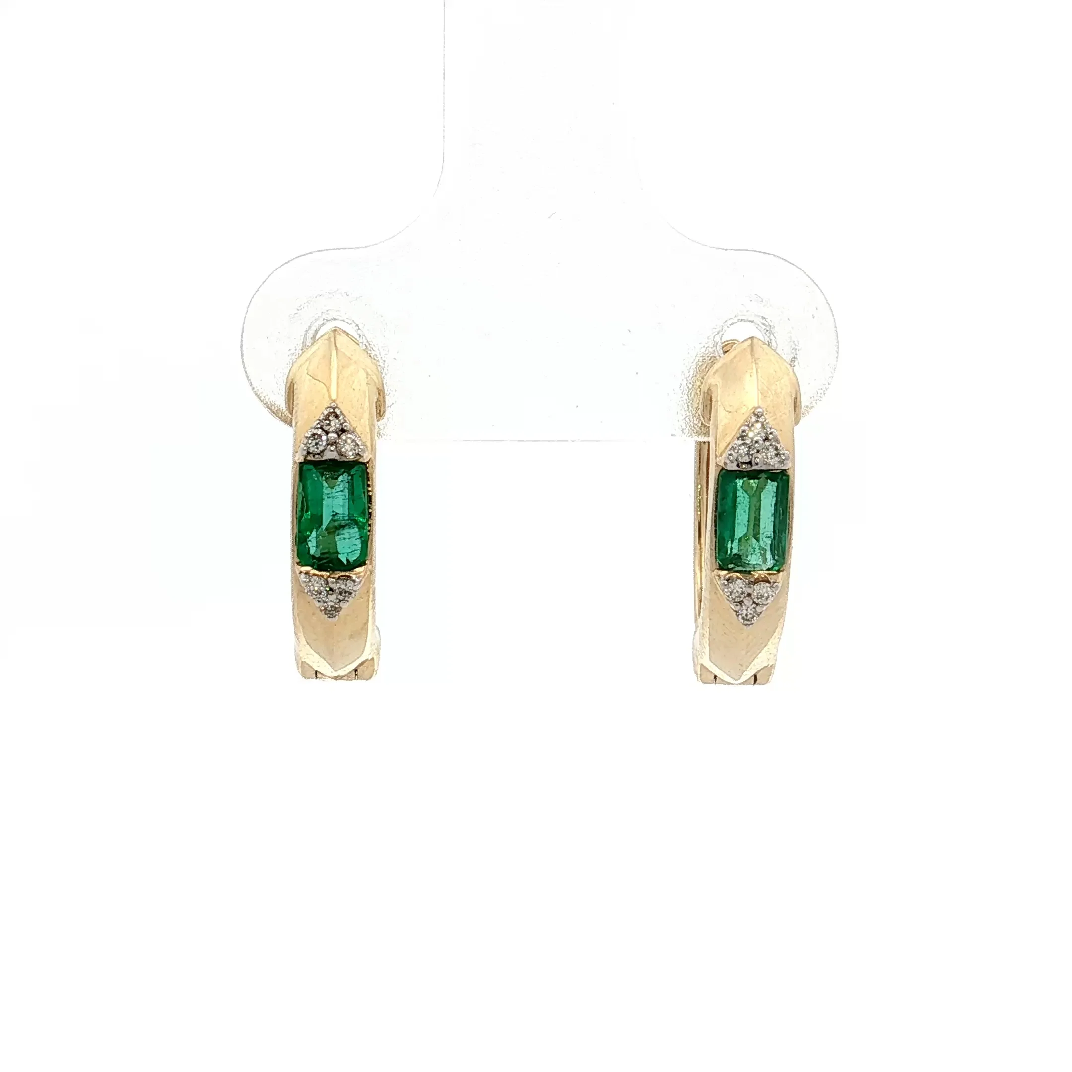 Baguette Emerald & Diamond Hoop Earrings 14k Yellow Gold