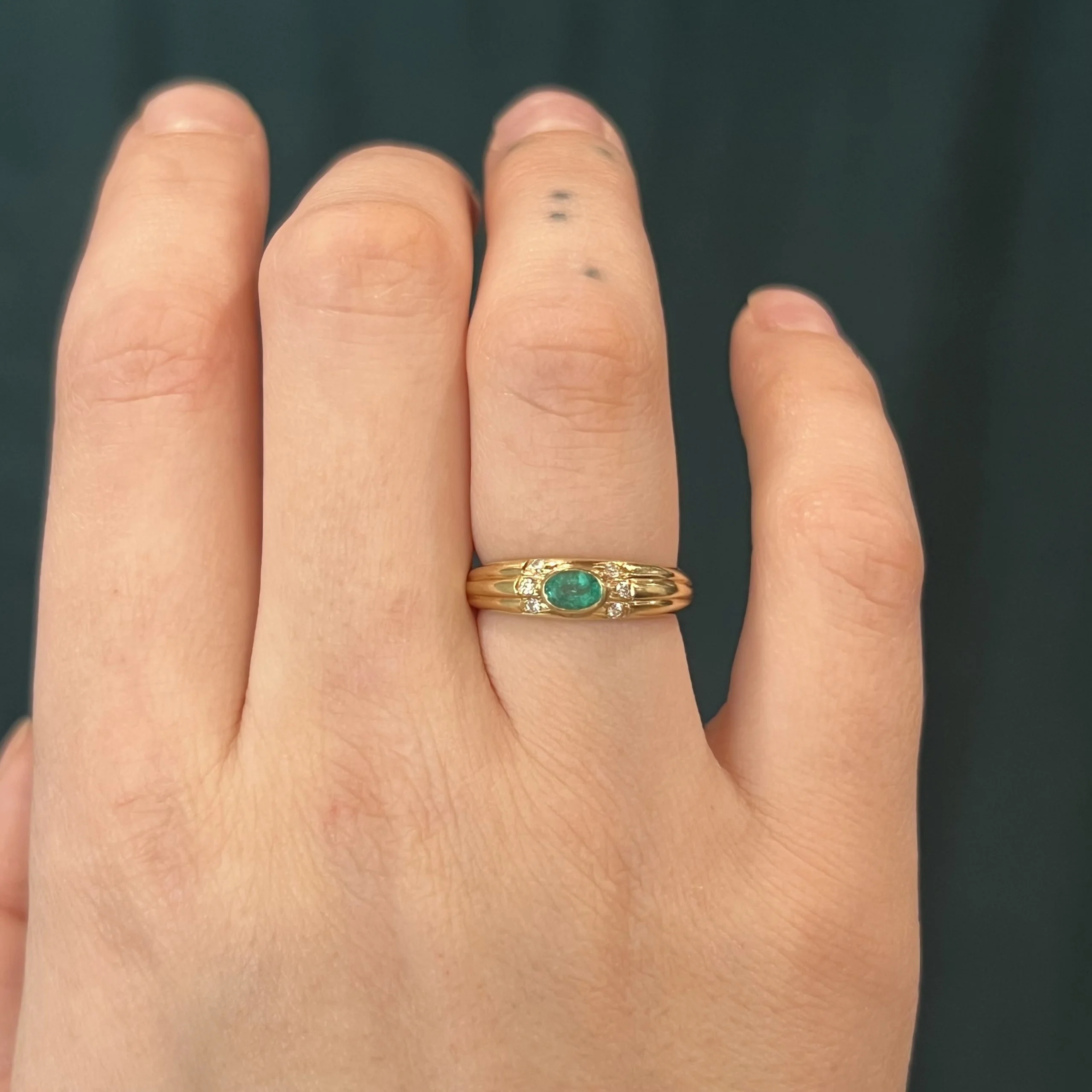 Bezel Set Emerald & Diamond Stacking Ring in 14k Yellow Gold - Image 6