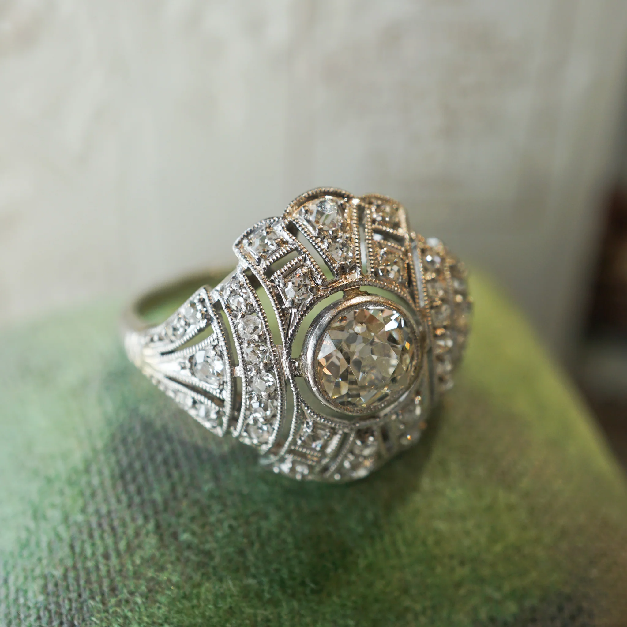 Bezel Set Old European Diamond Cocktail Ring in Platinum - Image 6