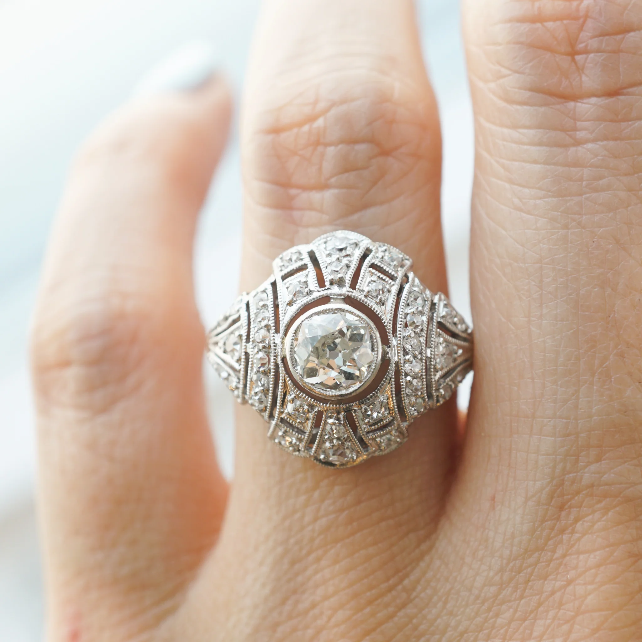 Bezel Set Old European Diamond Cocktail Ring in Platinum - Image 7