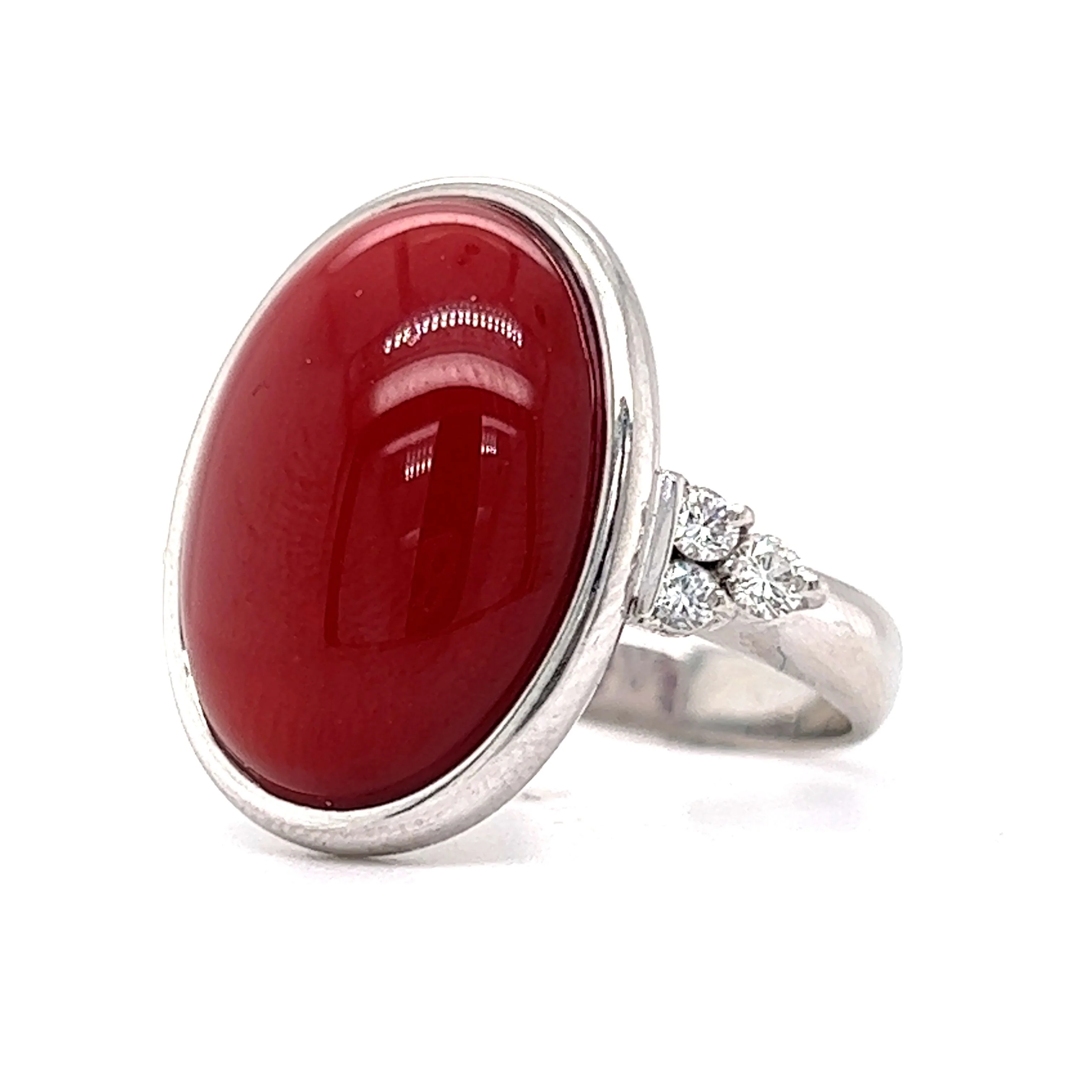 Bezel Set Red Coral & Diamond Cocktail Ring in Platinum - Image 2