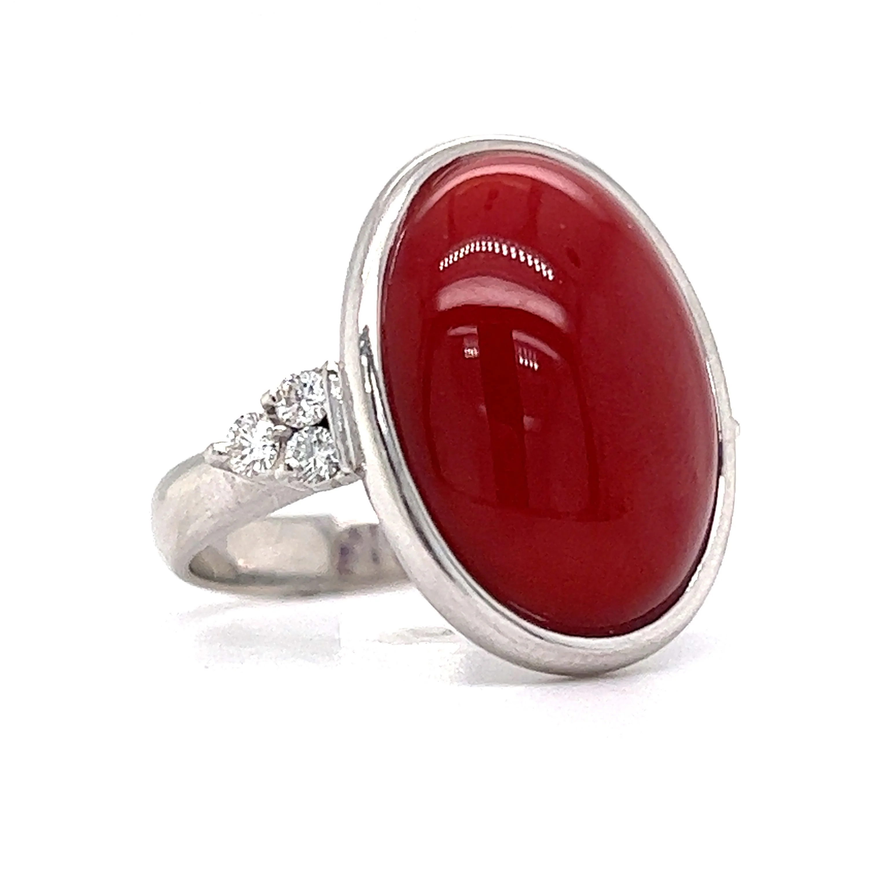 Bezel Set Red Coral & Diamond Cocktail Ring in Platinum - Image 3