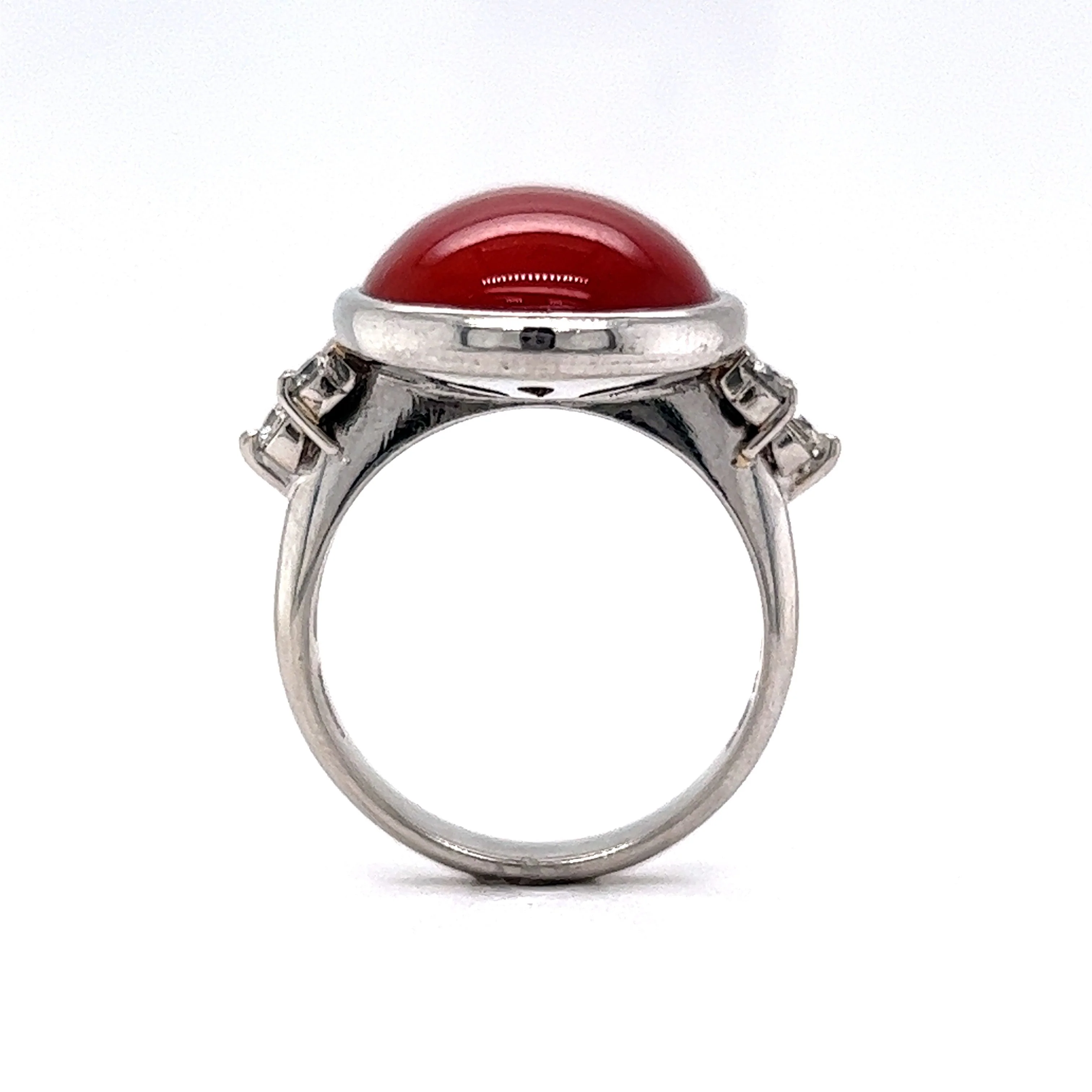 Bezel Set Red Coral & Diamond Cocktail Ring in Platinum - Image 4