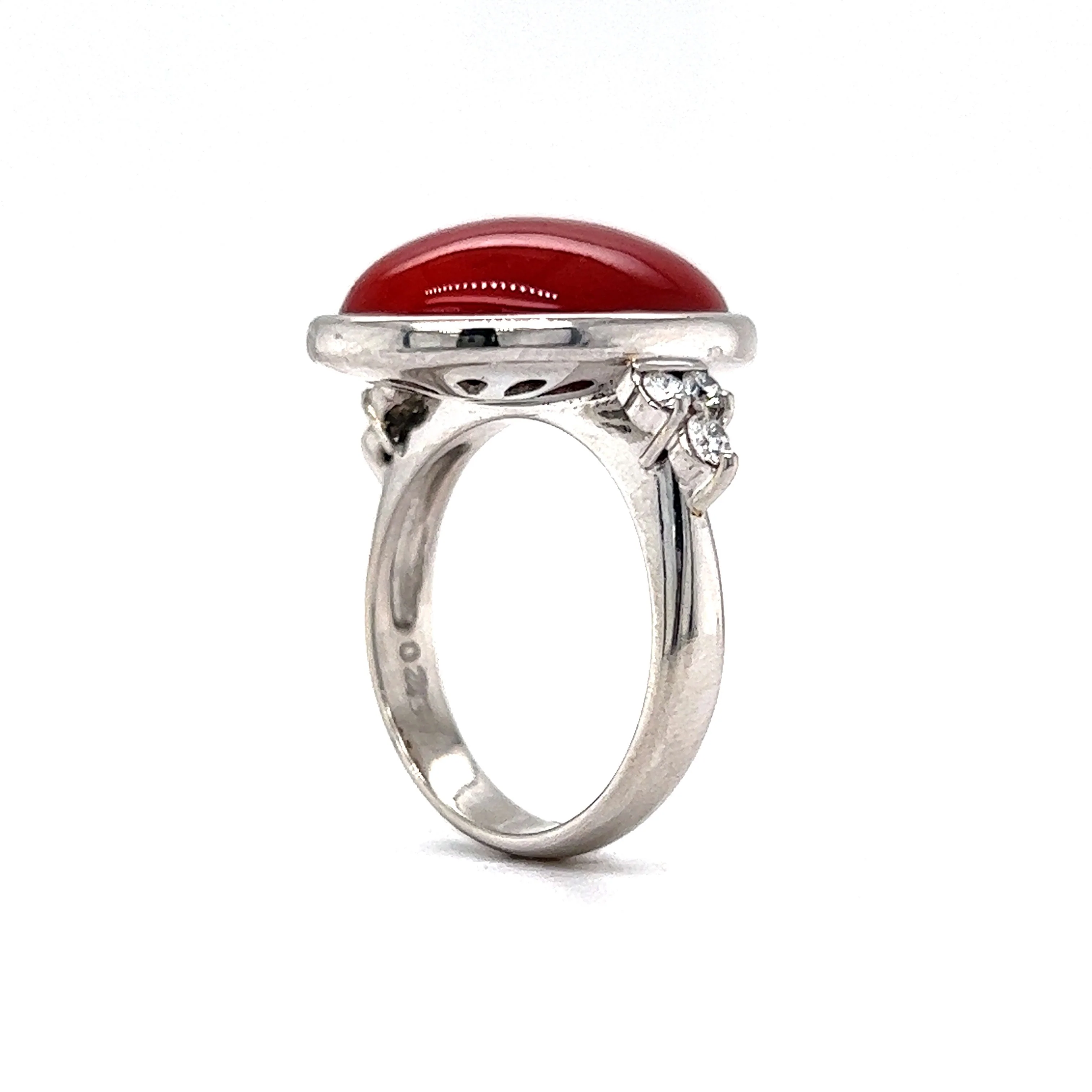 Bezel Set Red Coral & Diamond Cocktail Ring in Platinum - Image 5