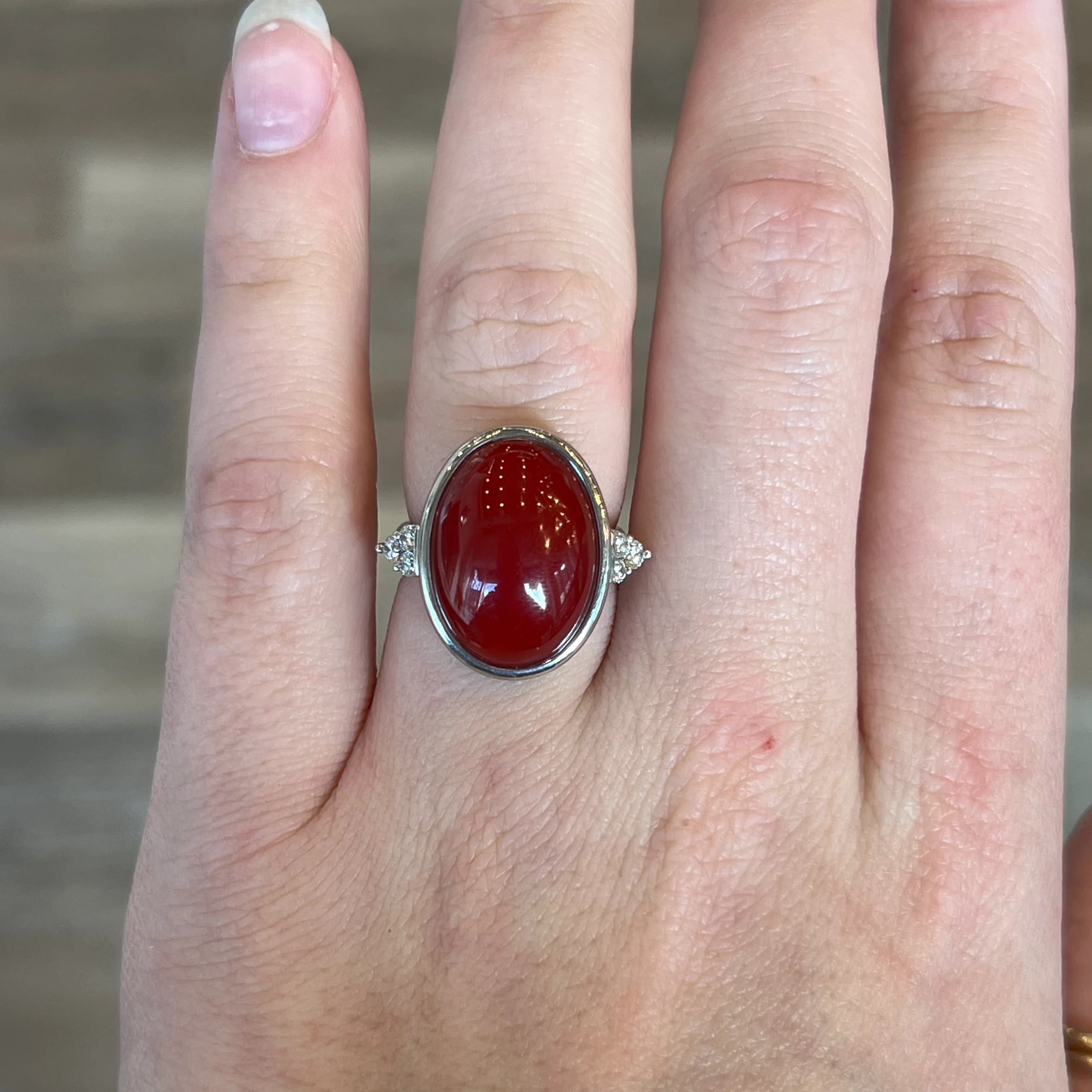 Bezel Set Red Coral & Diamond Cocktail Ring in Platinum - Image 6