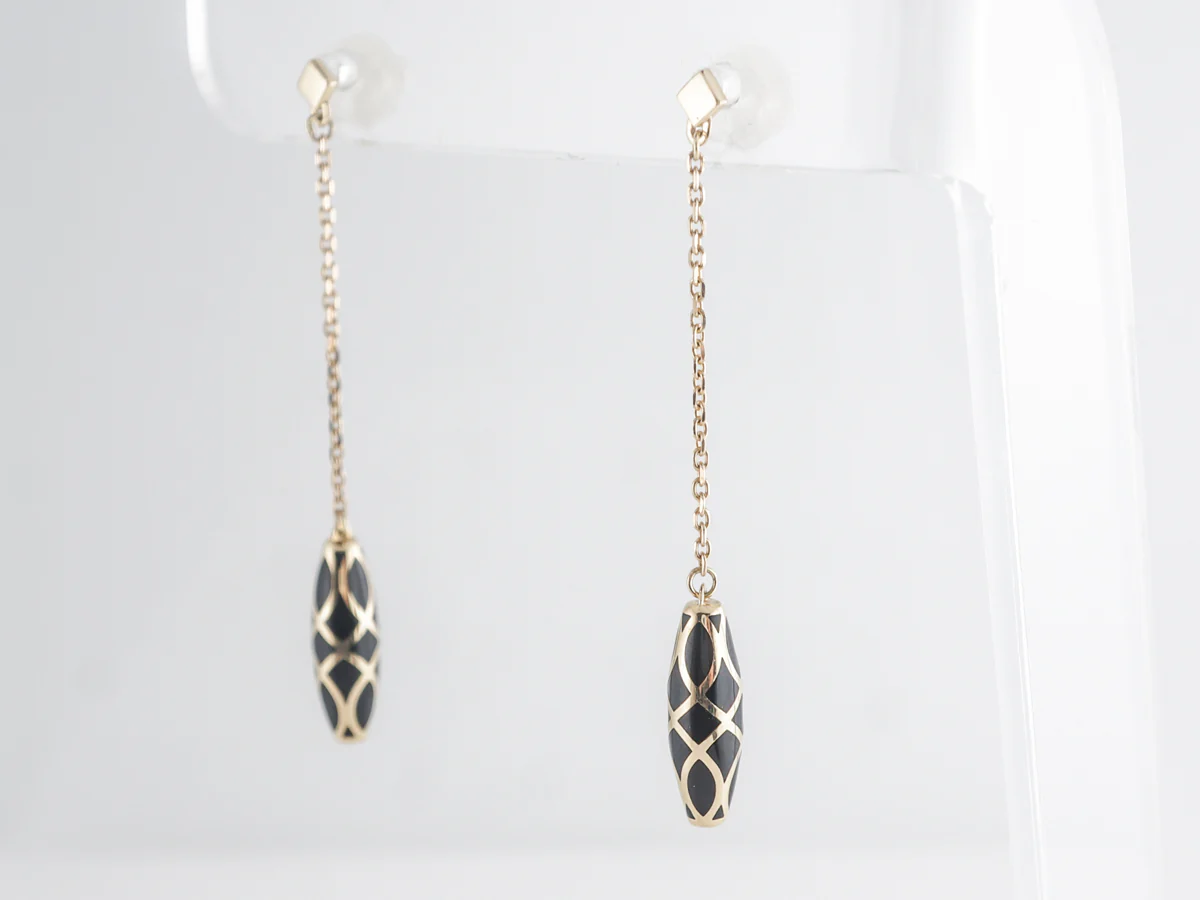 Black Enamel Drop Earrings in 14k Yellow Gold - Image 2