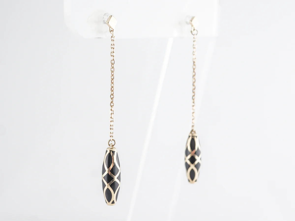 Black Enamel Drop Earrings in 14k Yellow Gold - Image 3