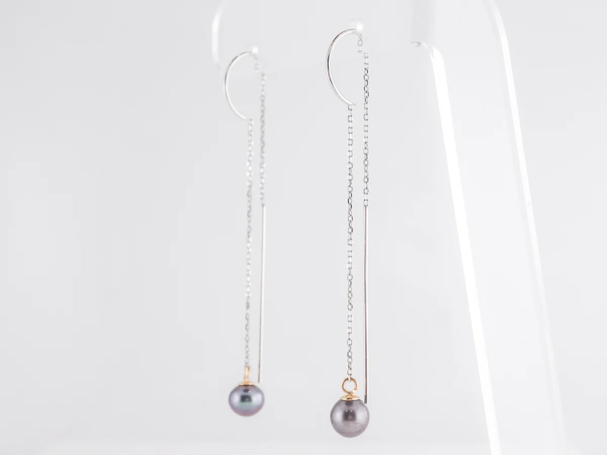 Black Pearl Drop Earrings in 14k White & Yellow Gold - Image 2