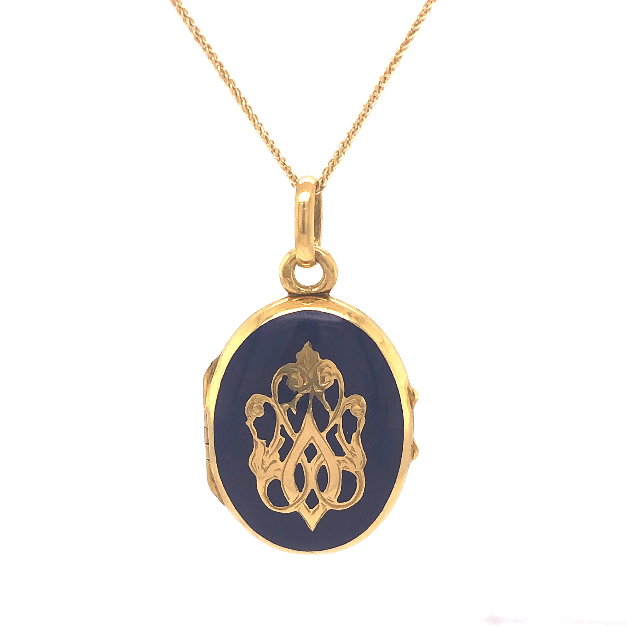 Blue Enamel Victorian Locket Necklace in 18k Yellow Gold - Image 2