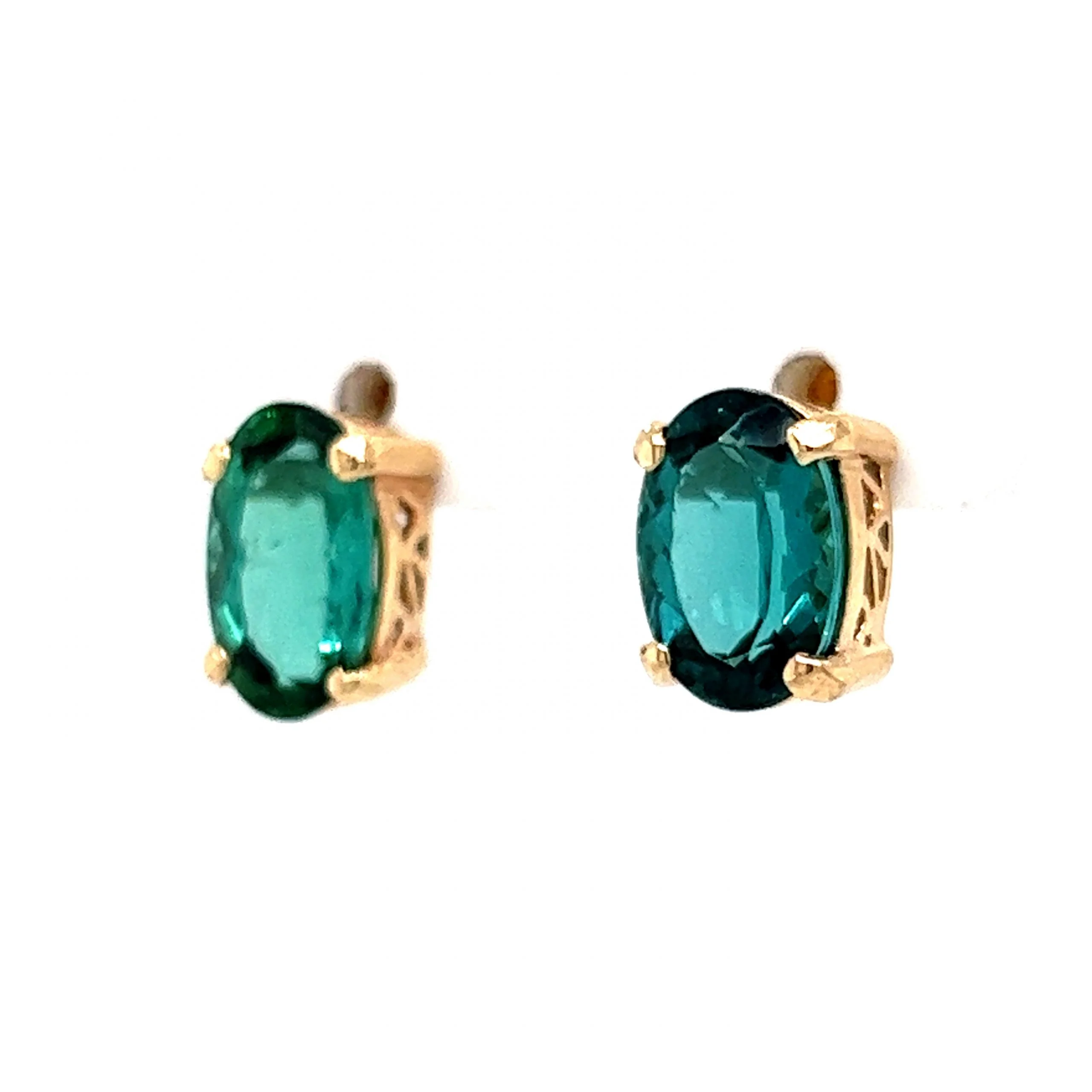 Blue Green Oval Cut Tourmaline Stud Earrings in 14k Yellow Gold - Image 2