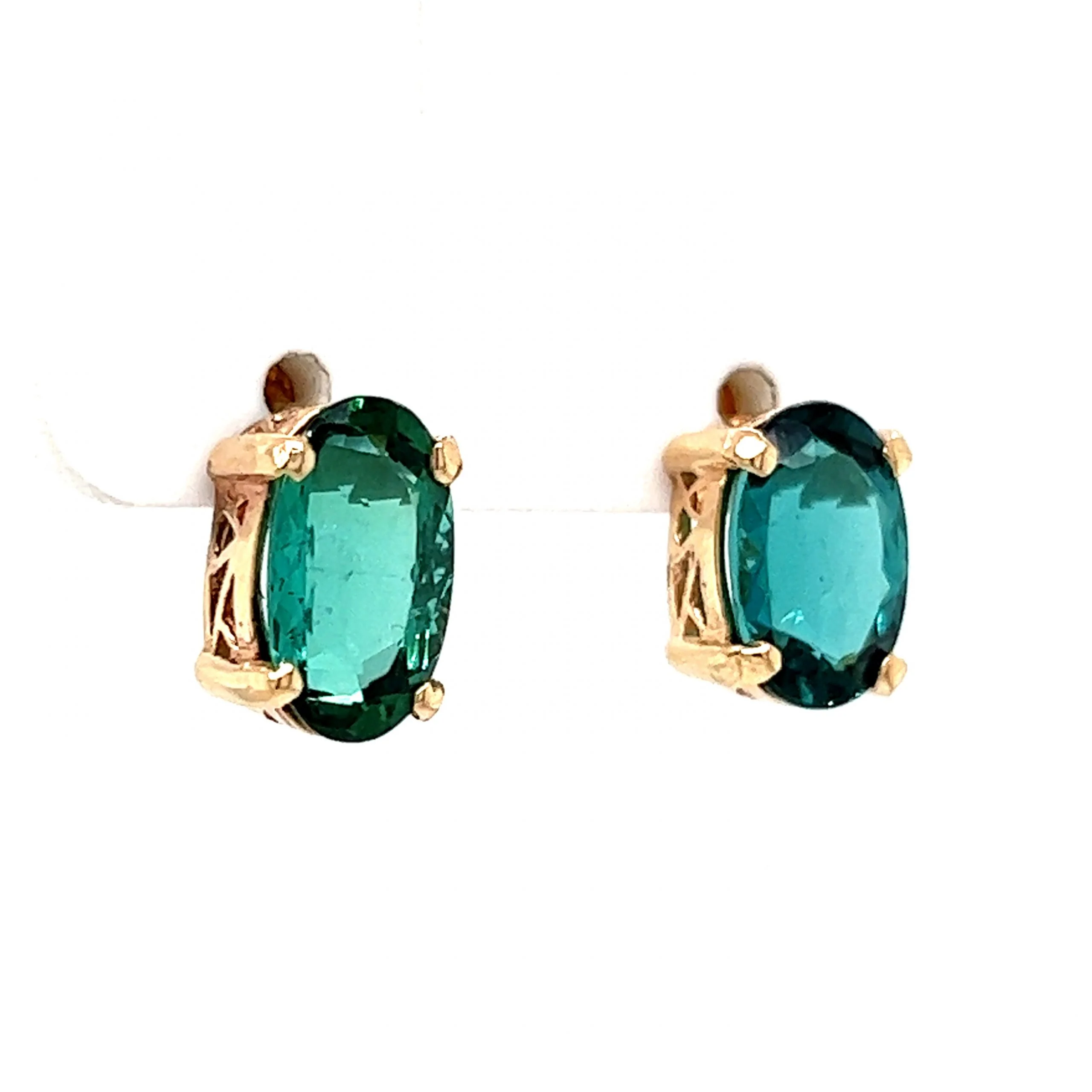 Blue Green Oval Cut Tourmaline Stud Earrings in 14k Yellow Gold - Image 3