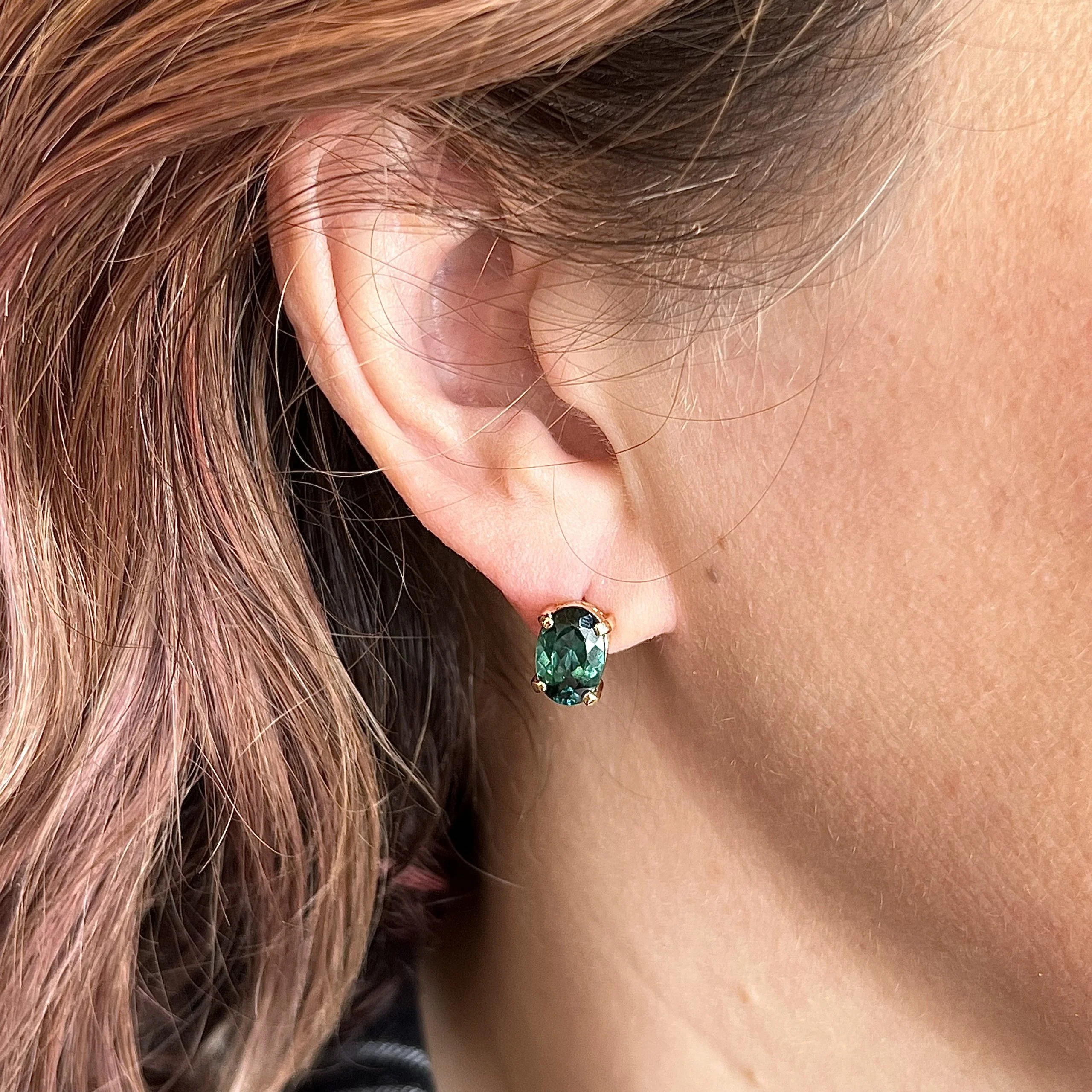Blue Green Oval Cut Tourmaline Stud Earrings in 14k Yellow Gold - Image 4