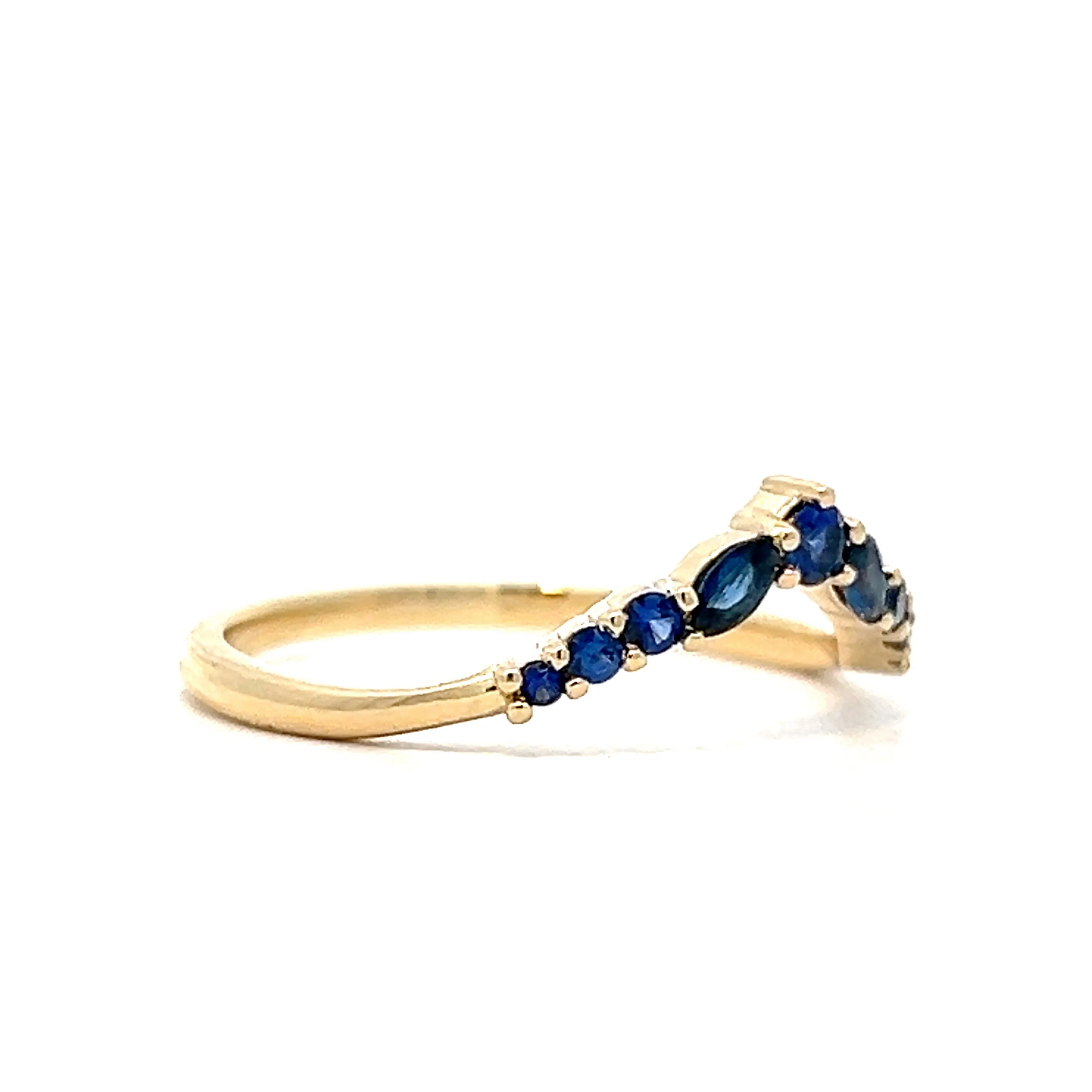 Blue Sapphire Contoured Stacking Wedding Band in Yellow Gold - Image 3