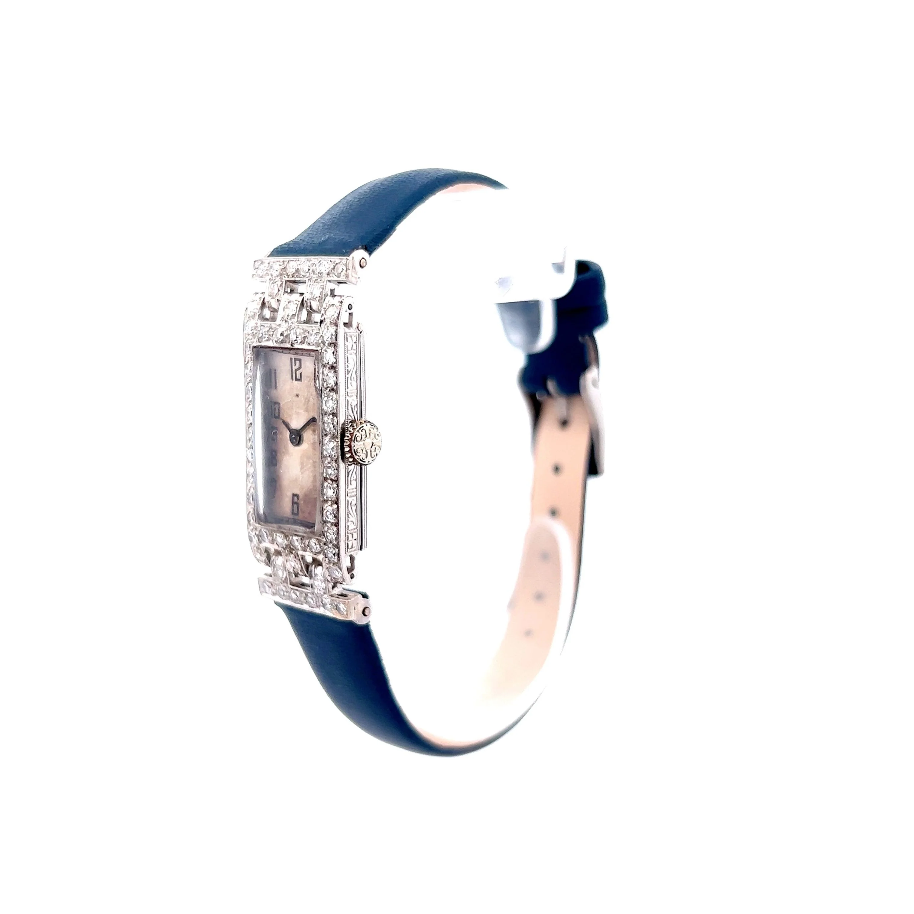 Blue Strap Antique Art Deco Diamond Watch in Platinum - Image 2