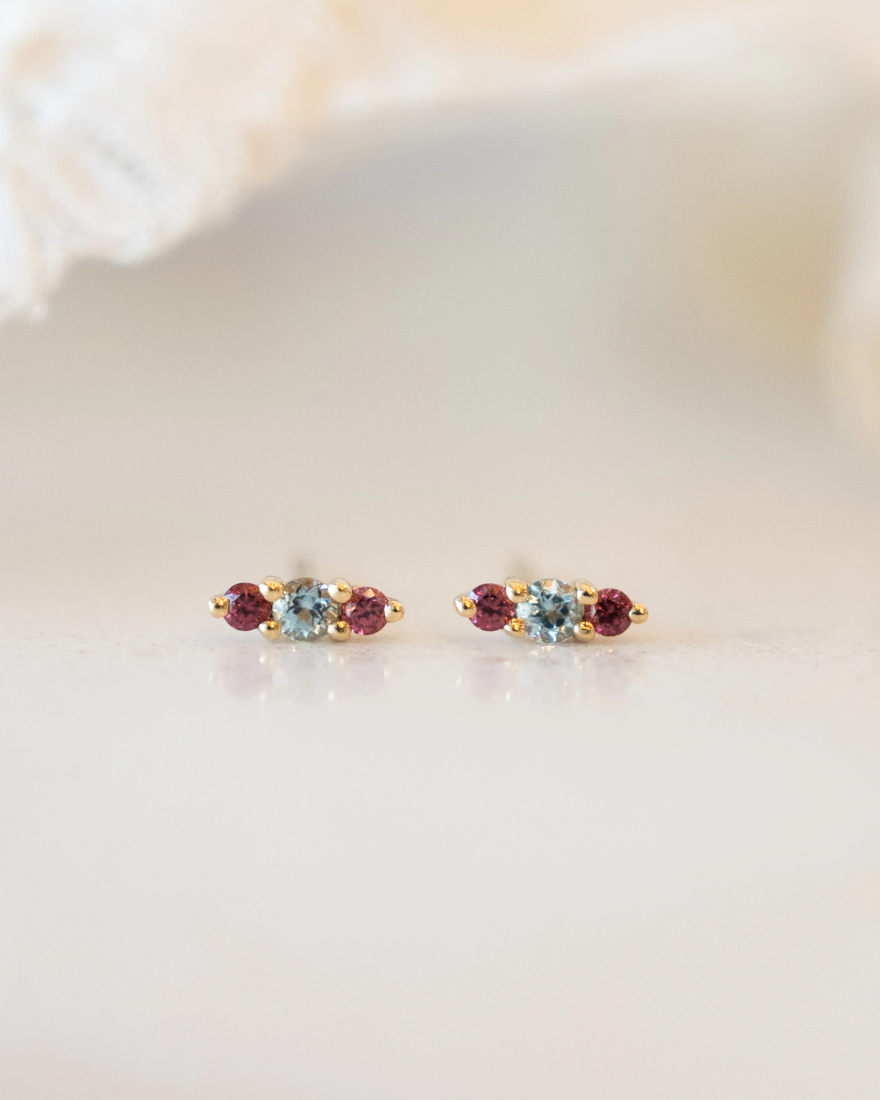 Blue Topaz & Garnet Stud Earrings in 14k Yellow Gold - Image 4