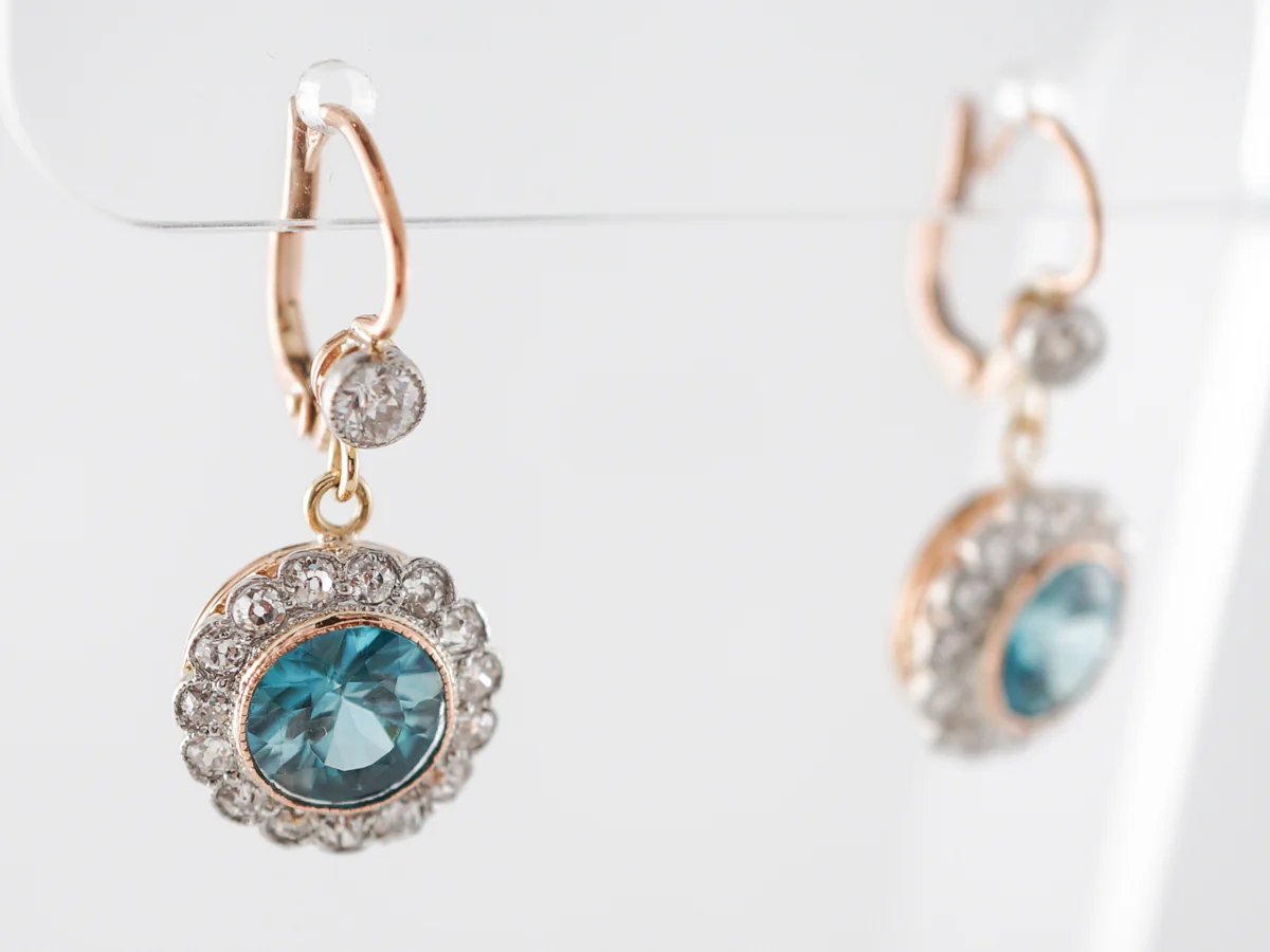 Blue Zircon & Diamond Earrings in Yellow Gold & Platinum - Image 2