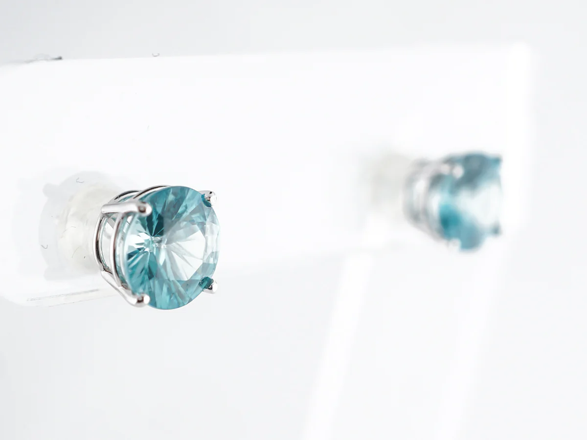 Blue Zircon Stud Earrings in 14k White Gold - Image 3