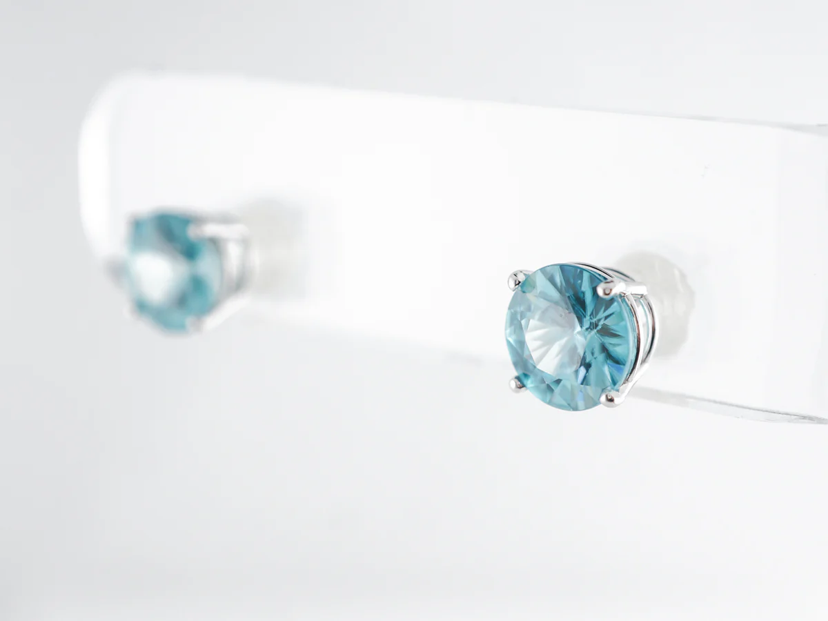 Blue Zircon Stud Earrings in 14k White Gold - Image 4