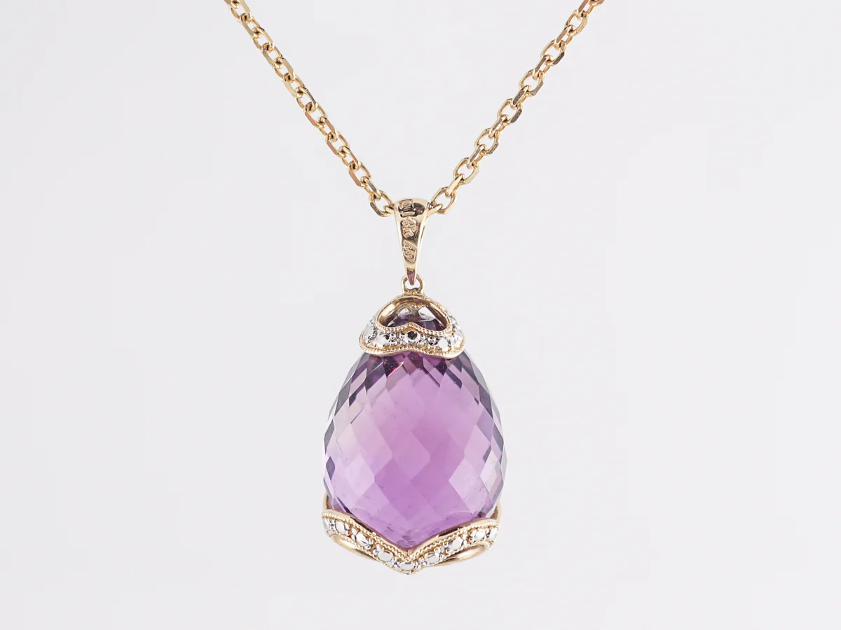 Briolette Cut Amethyst Pendant w/ Diamonds in 14K Yellow Gold - Image 2
