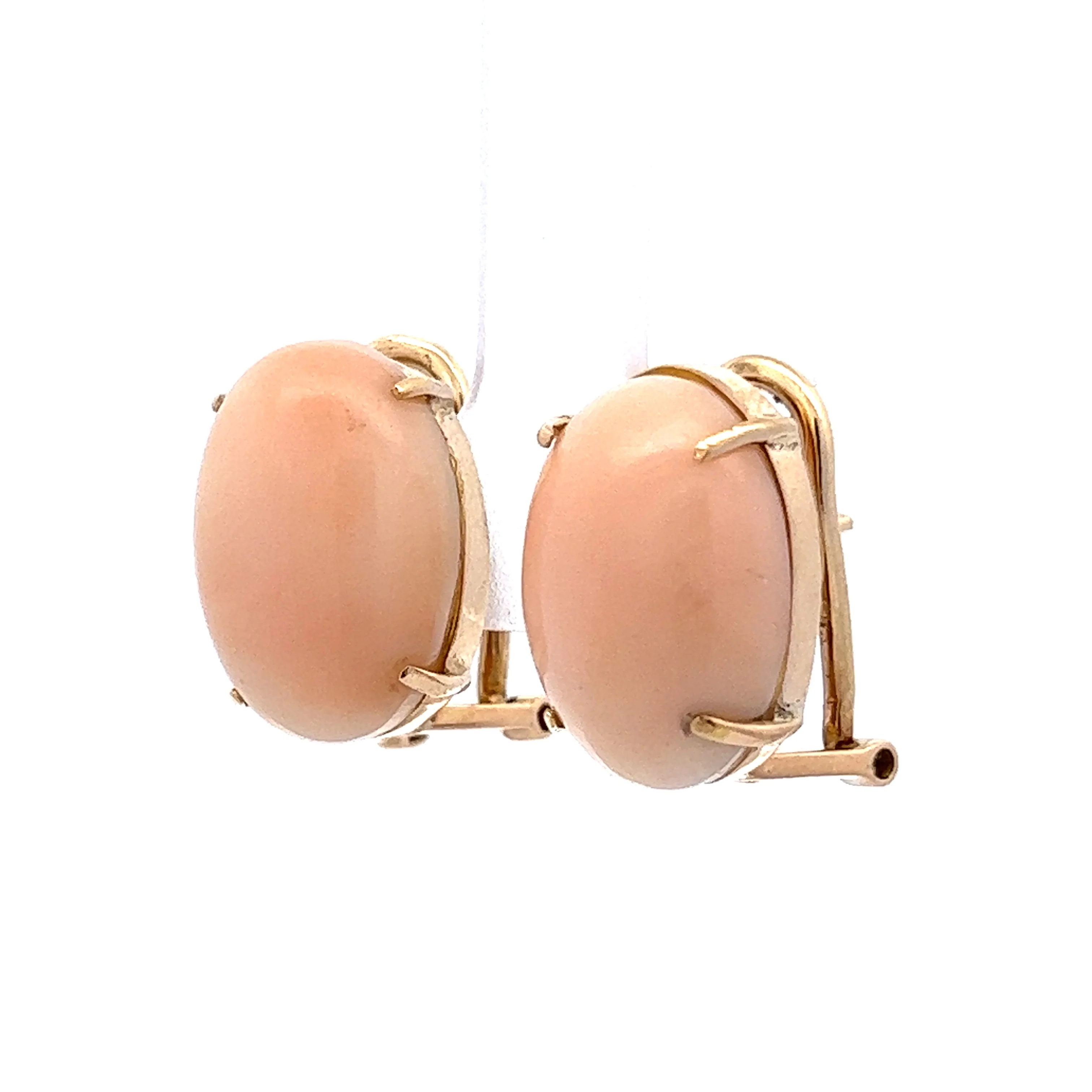 Cabochon Angel Skin Coral Earrings in 14k Yellow Gold - Image 2