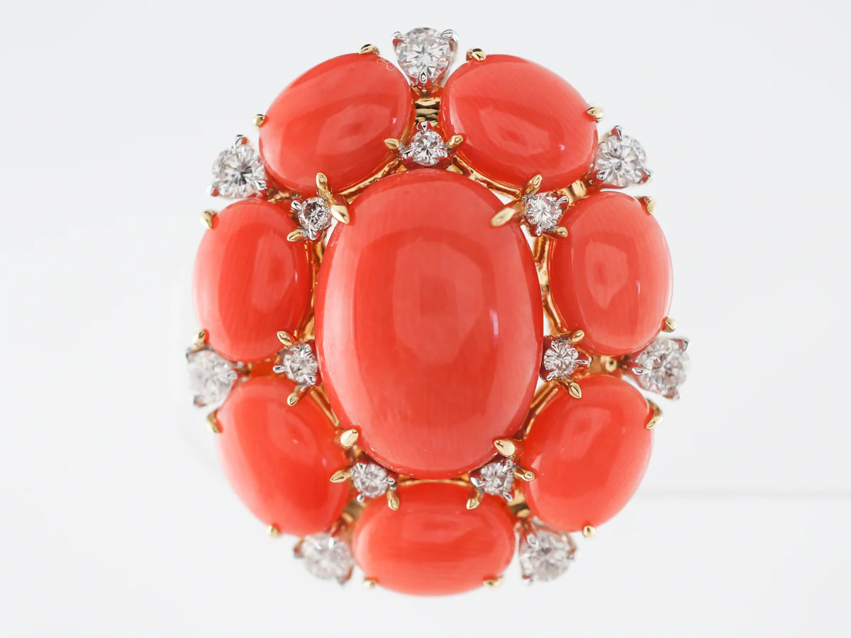 Cabochon Coral & Diamond Earrings in 18k Yellow Gold - Image 3