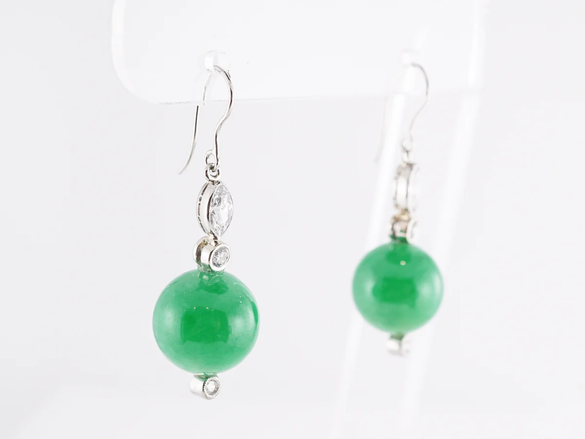 Cabochon Cut Jade & Diamond Earrings in Platinum - Image 3