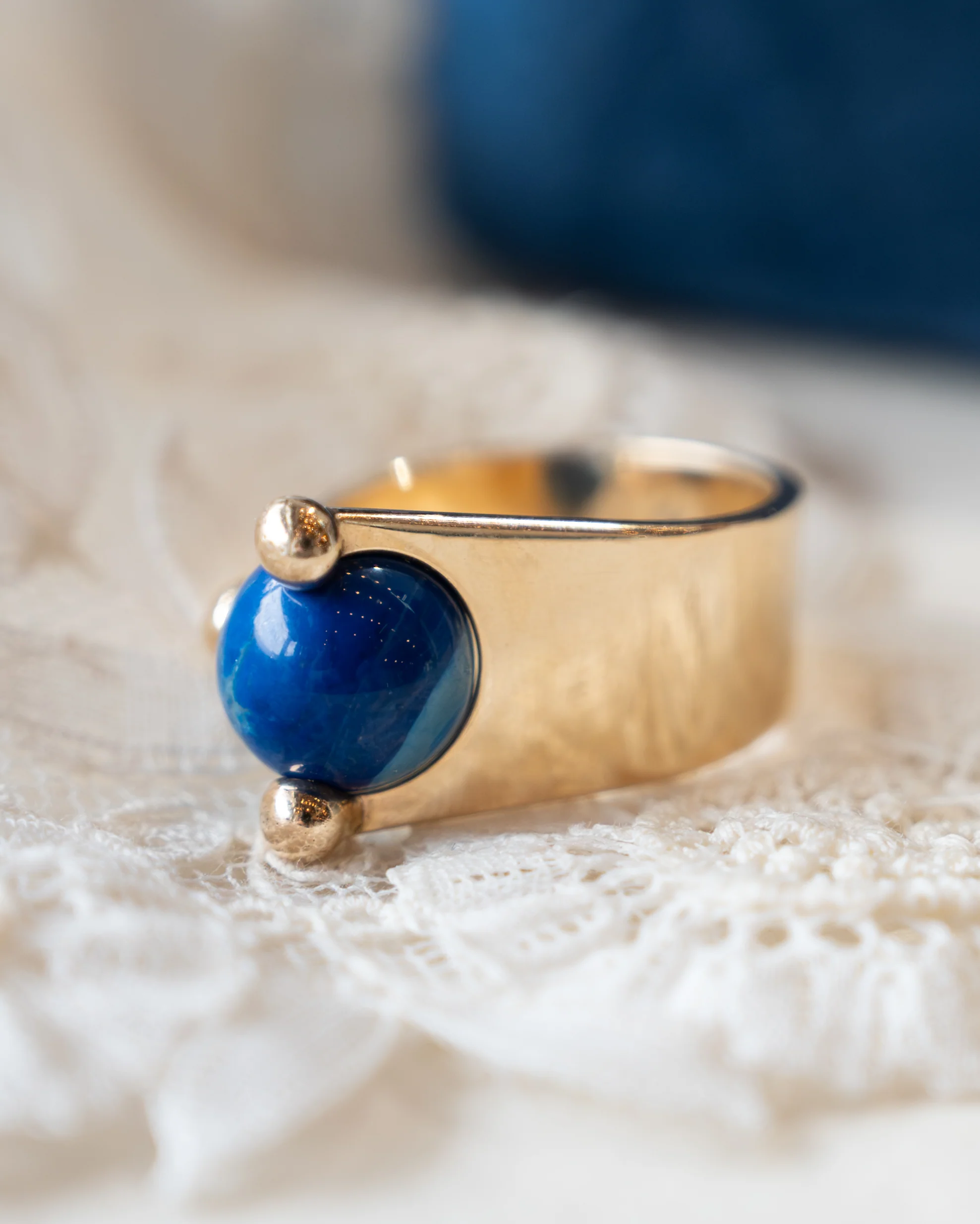 Cabochon Cut Lapis Lazuli Cocktail Ring 14k Yellow Gold - Image 6