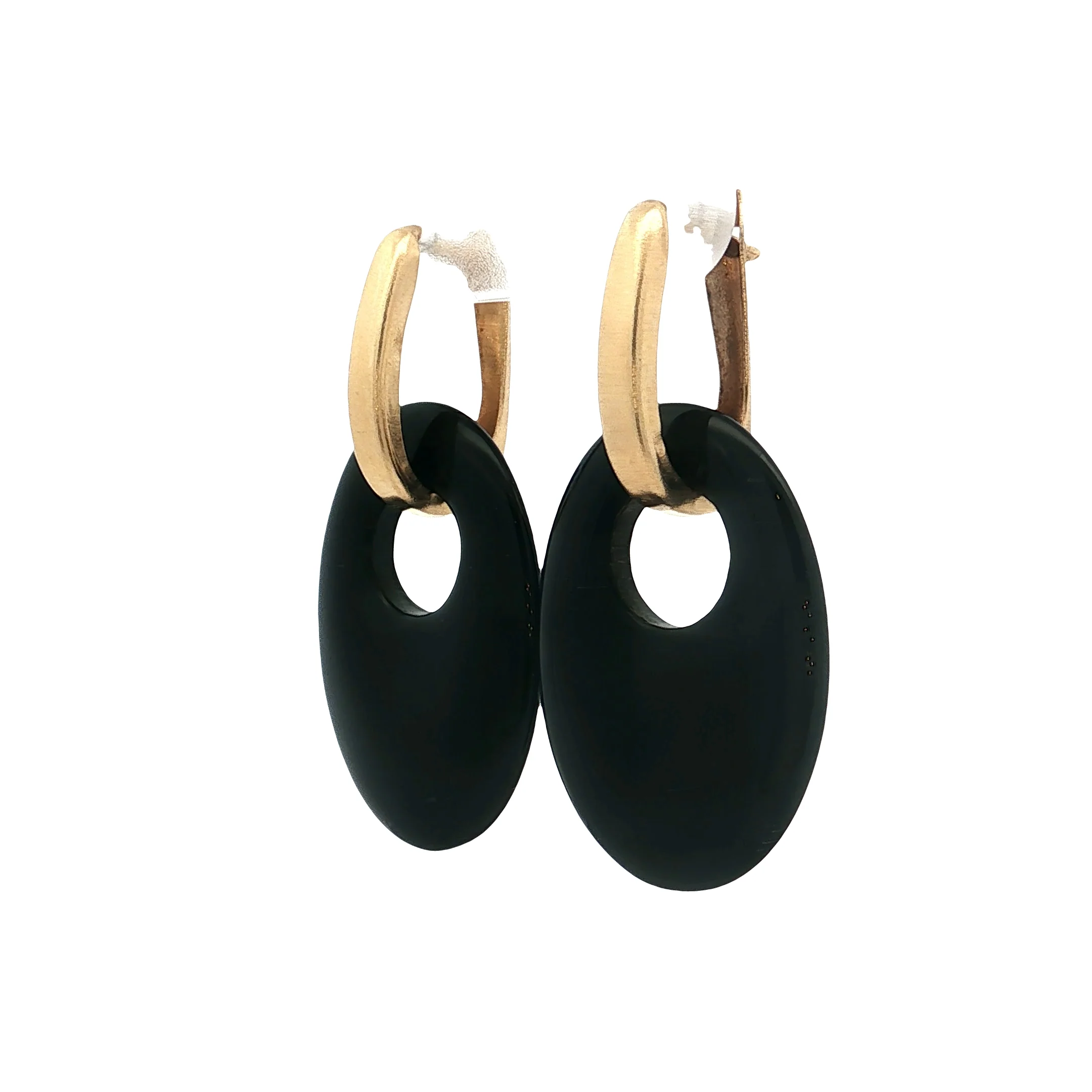 Carved Black Onyx Dangle Earrings 14k Yellow Gold - Image 2