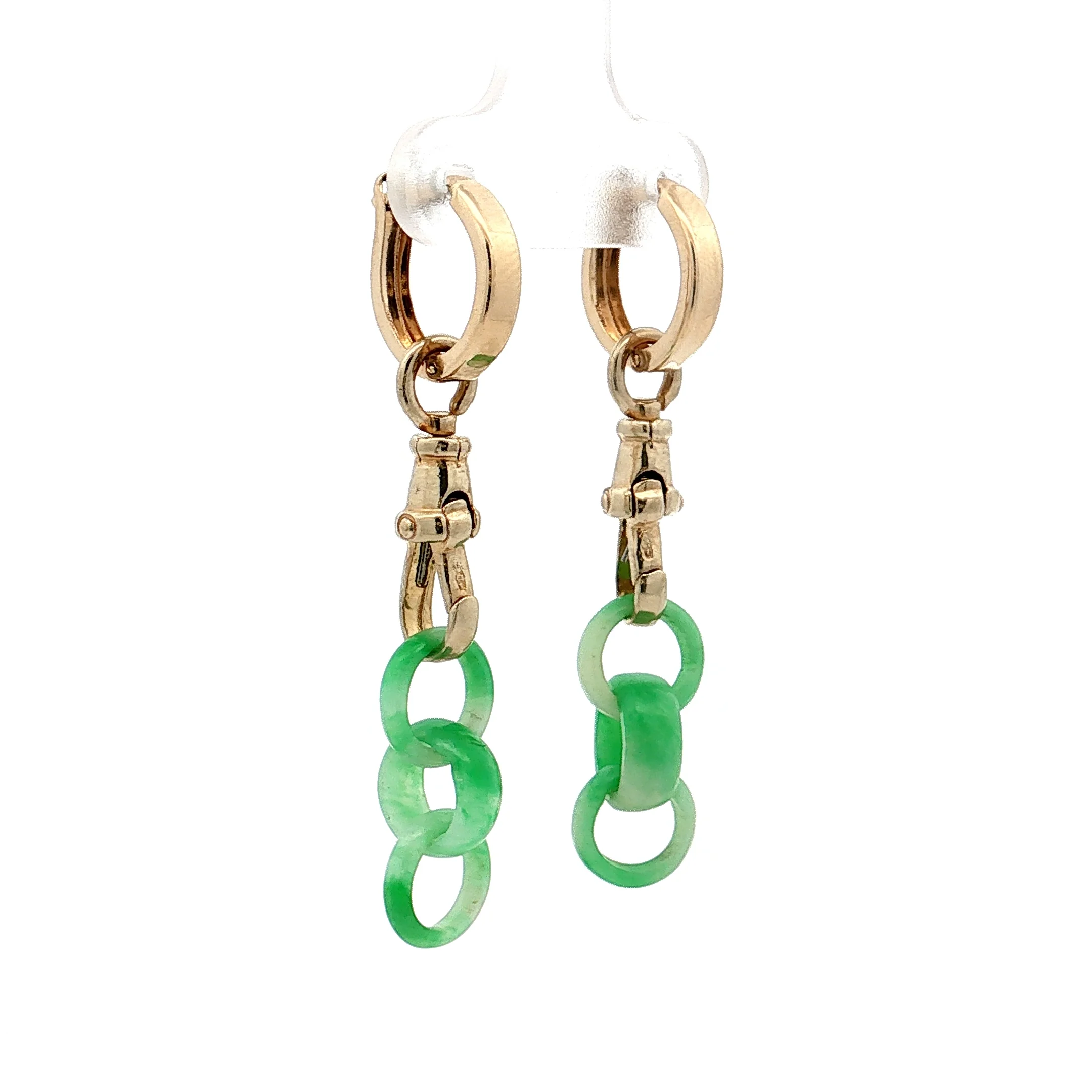 Carved Jadeite Drop Hoop Earrings 14k Yellow Gold - Image 3