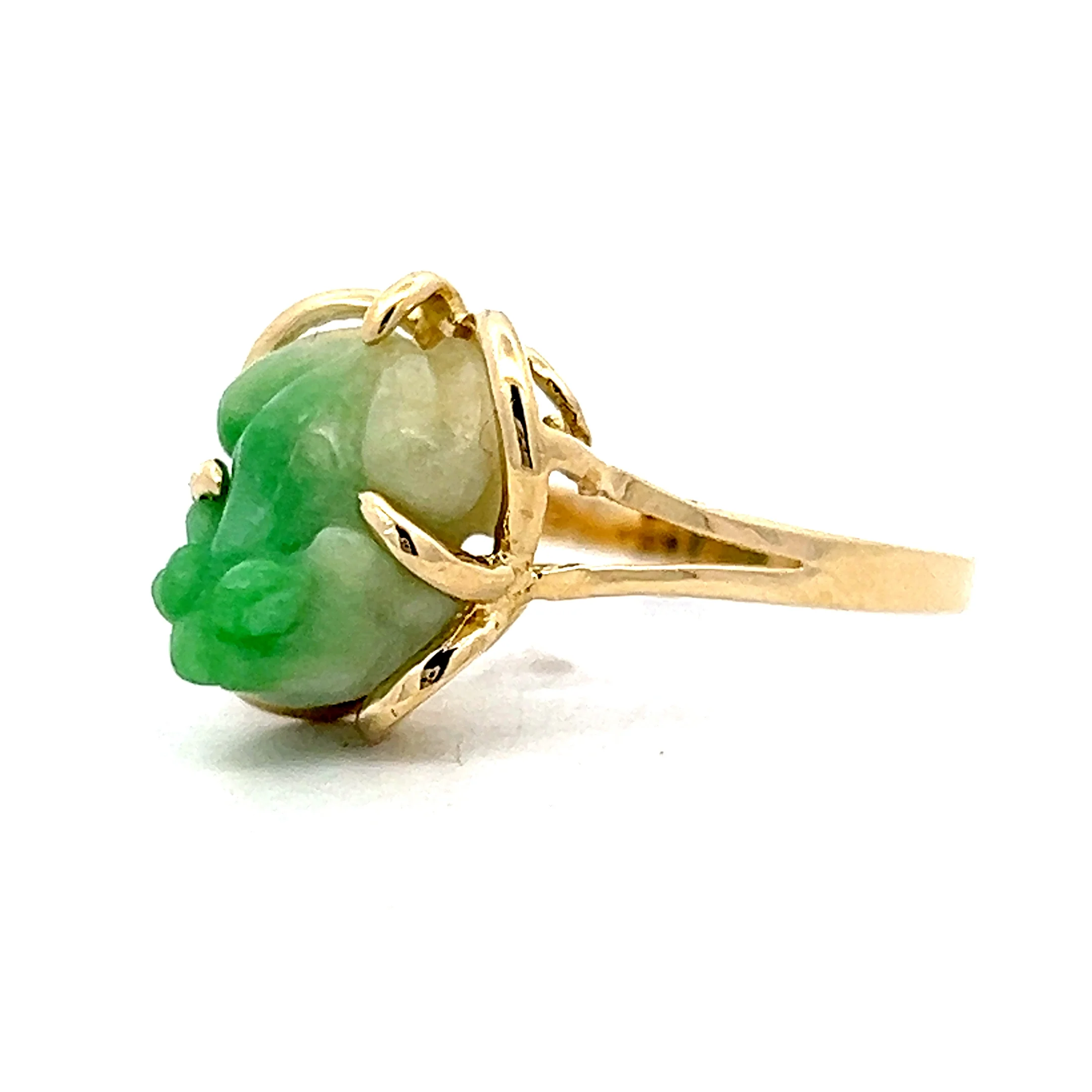 Carved Jadeite Frog Cocktail Ring in 14k Yellow Gold - Image 2