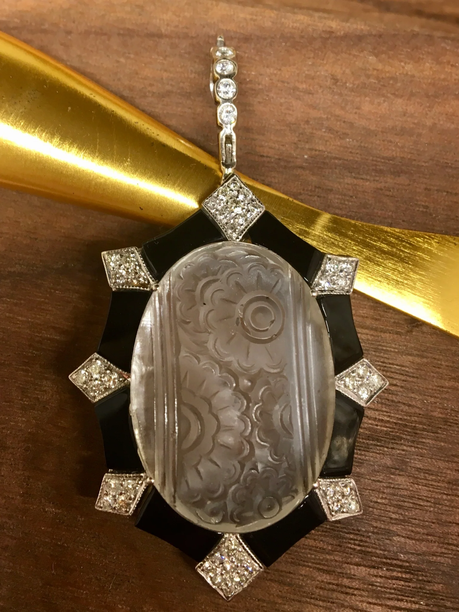 Carved Quartz Pendant Modern .67 Round Brilliant Cut Diamonds in 18K White Gold