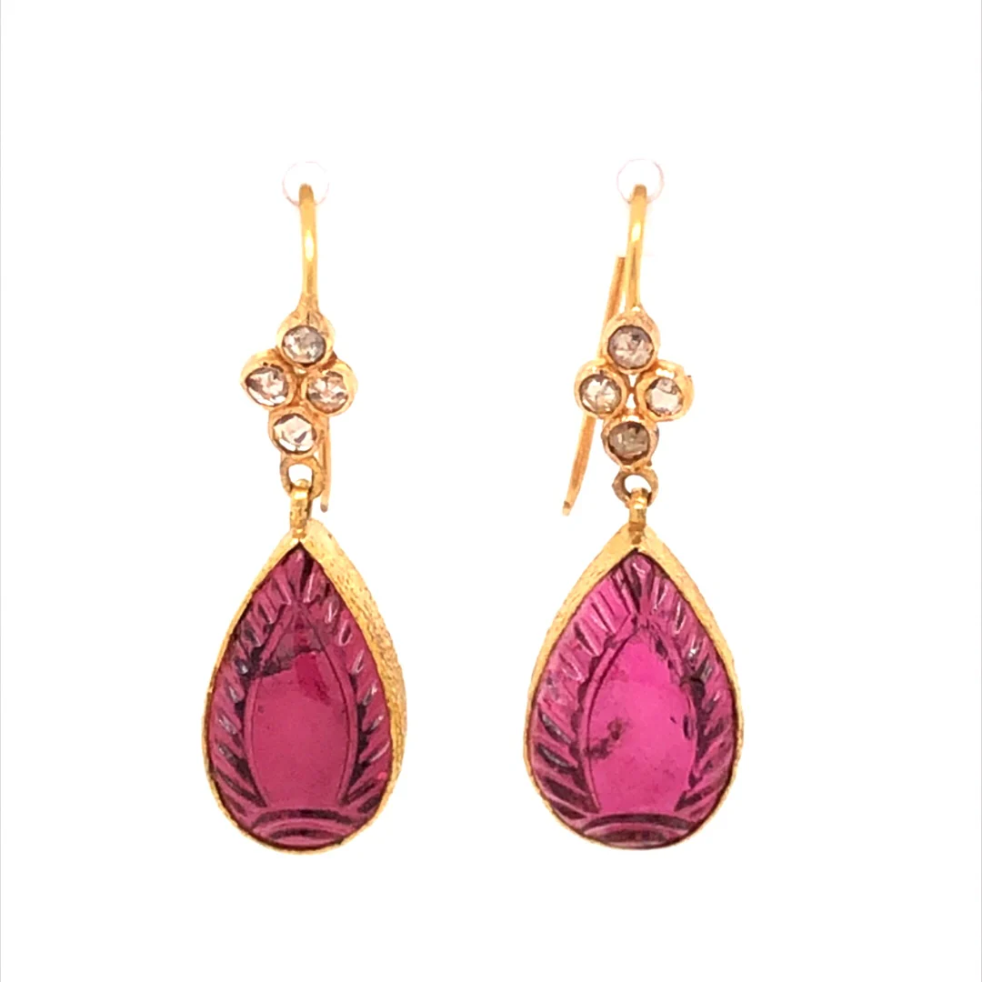 Carved Rubellite Drop Earrings in 18k Yellow Gold