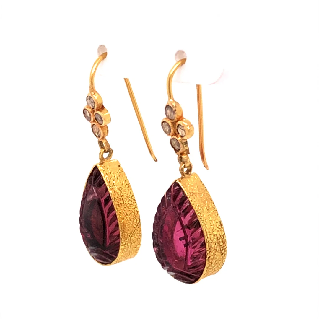 Carved Rubellite Drop Earrings in 18k Yellow Gold - Image 2