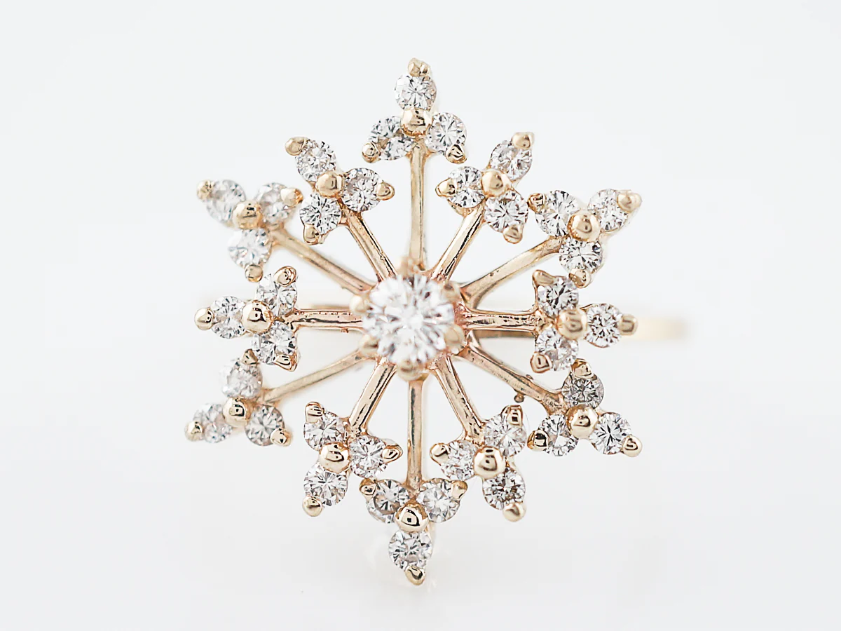 Cluster Snowflake Ring Modern .65 Round Brilliant Cut Diamonds in 14k Yellow Gold