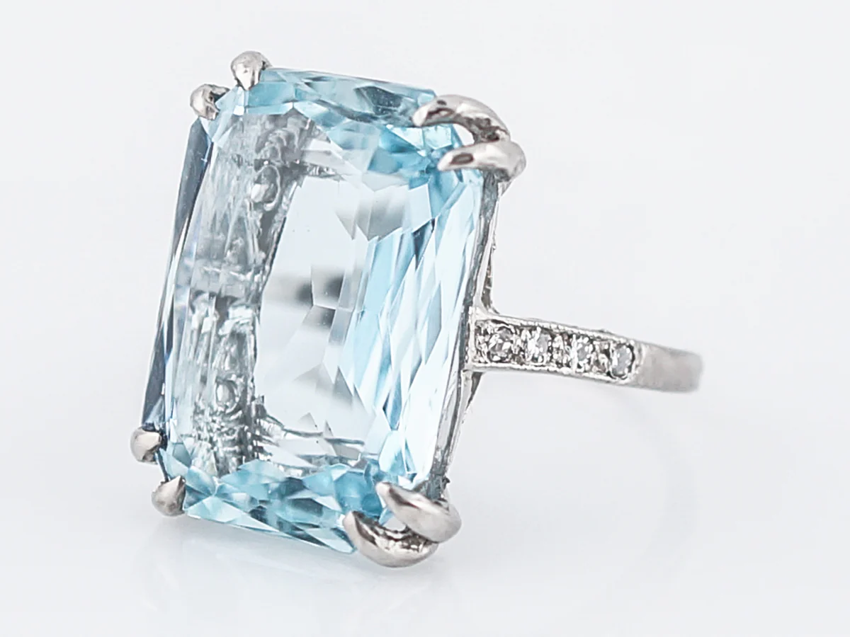 Cocktail Ring Modern 11.42 Emerald Cut Aquamarine & Diamonds in Platinum - Image 2