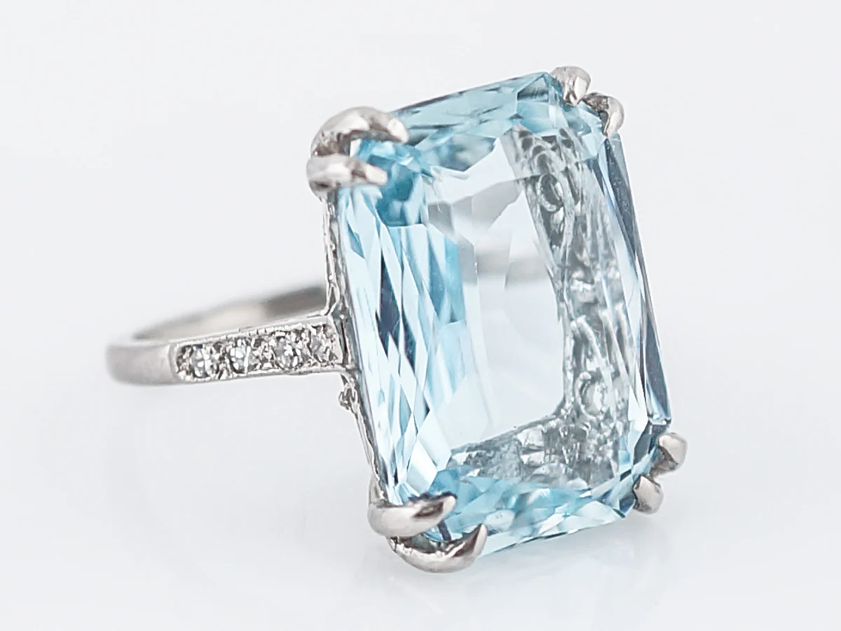 Cocktail Ring Modern 11.42 Emerald Cut Aquamarine & Diamonds in Platinum - Image 3