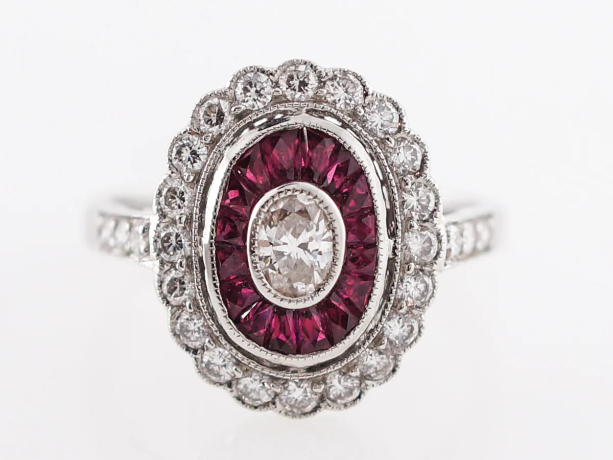 Cocktail Ring Modern .18 Oval Cut Diamond & French Cut Rubies in Platinum