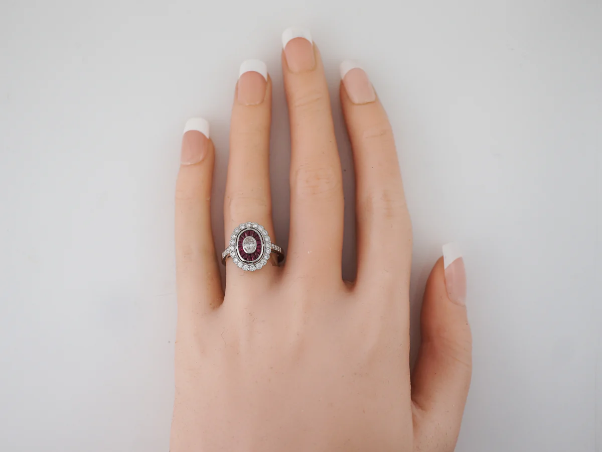 Cocktail Ring Modern .18 Oval Cut Diamond & French Cut Rubies in Platinum - Image 6