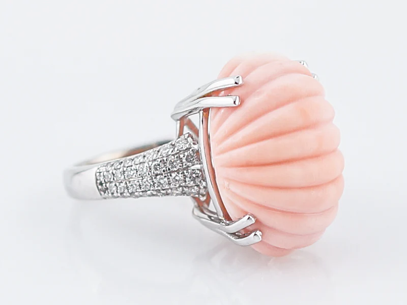 Cocktail Ring Modern 28.94 Carved Oval Coral in 14k White Gold - Image 3