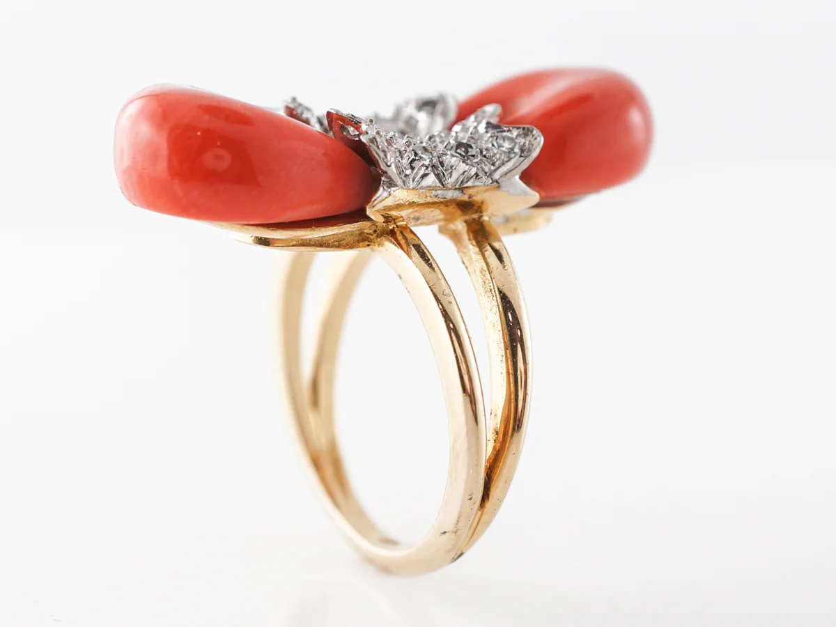 Coral & Pave Diamond Ring in 18k Yellow Gold - Image 4