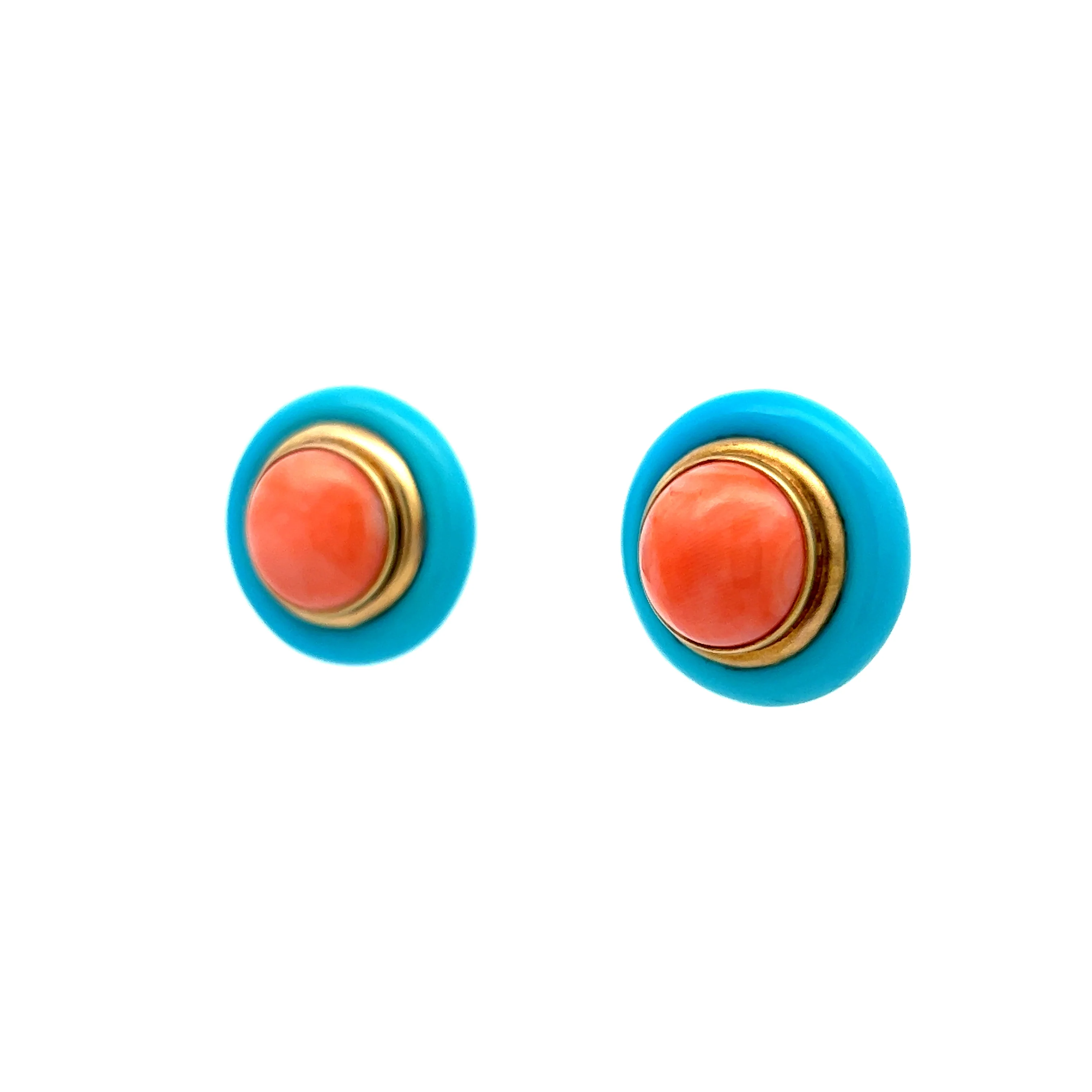 Vintage Coral & Turquoise Earrings in 14k Yellow Gold - Image 2