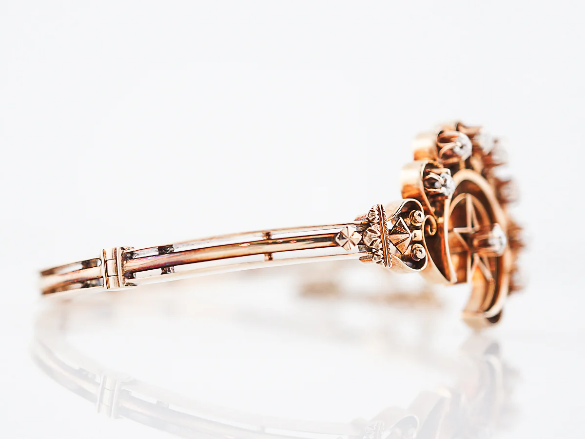 Crescent Moon Bangle Bracelet Victorian .56 Old European Cut Diamonds in 14K Rose Gold - Image 3