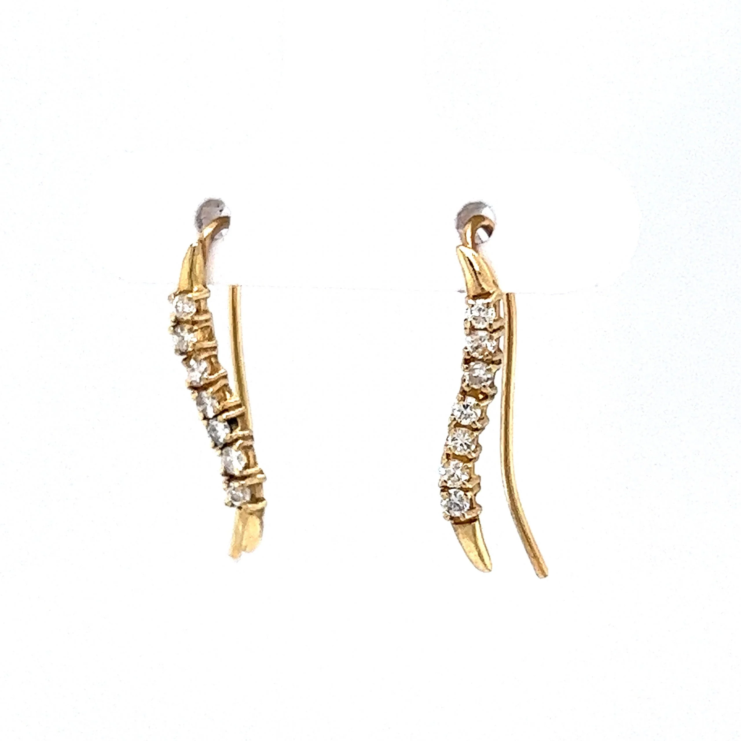 Curved Diamond Bar Drop or Climber Earrings in 14k Yellow Gold - Image 2