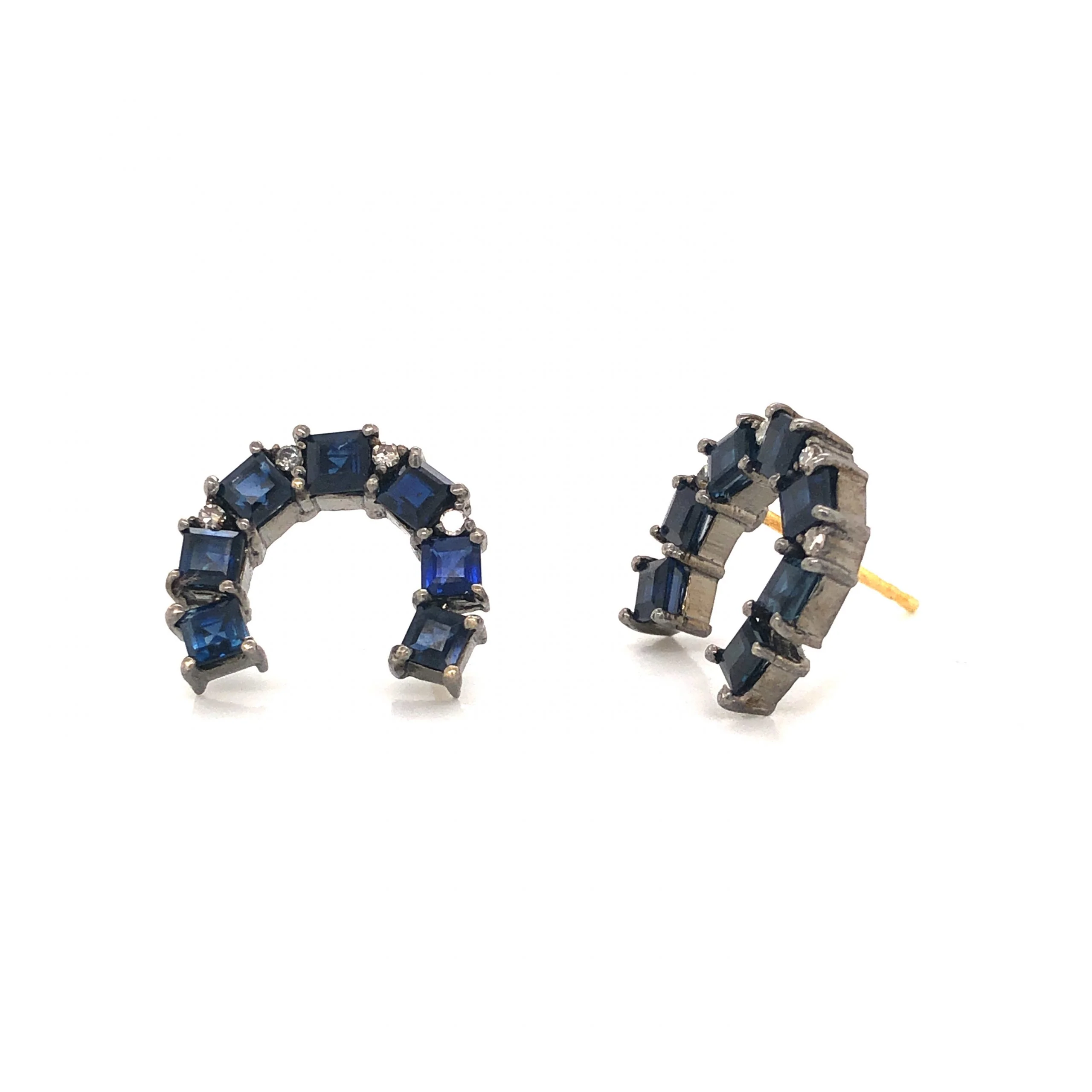 Curved Sapphire & Diamond Stud Earrings in Sterling Silver - Image 4